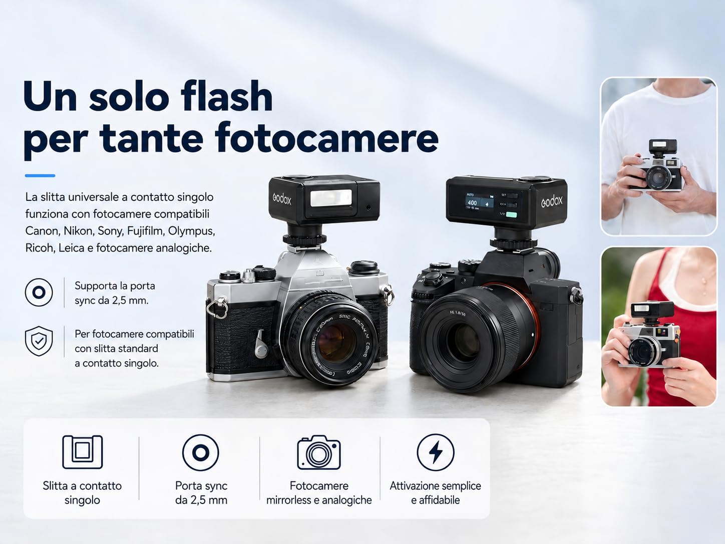 Godox iM30Pro iM30 Pro Mini Flash per Fotocamera, GN15 Flash Godox, AUTO e M, 550 Scatti, 1,5s, USB-C, Slitta a Contatto Singolo per Sony Canon Nikon Fujifilm Olympus Ricoh Leica Panasonic Pentax