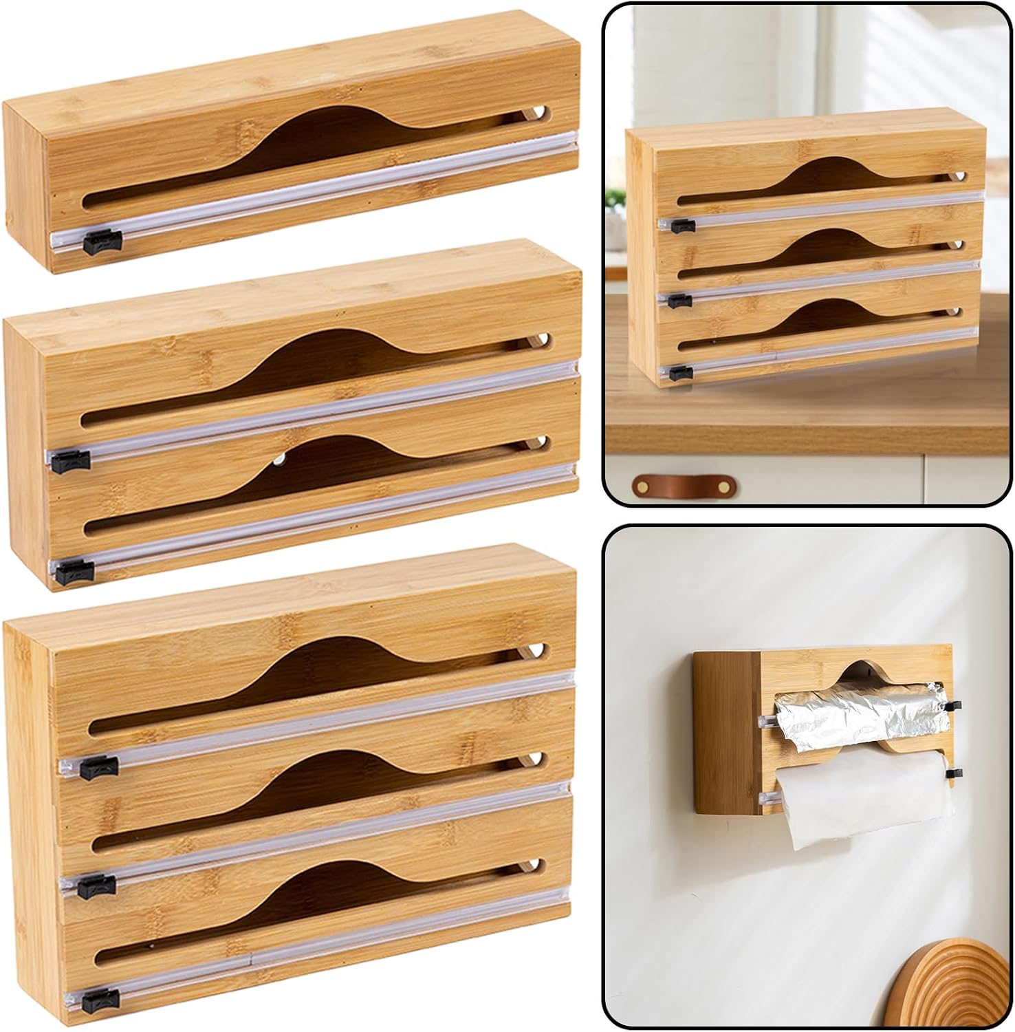 Bamboo 2-in-1 Foil and Plastic Wrap Dispenser with Slide Cutter - Wall Mounted & Countertop Kitchen Organization Storage(Three Layers)