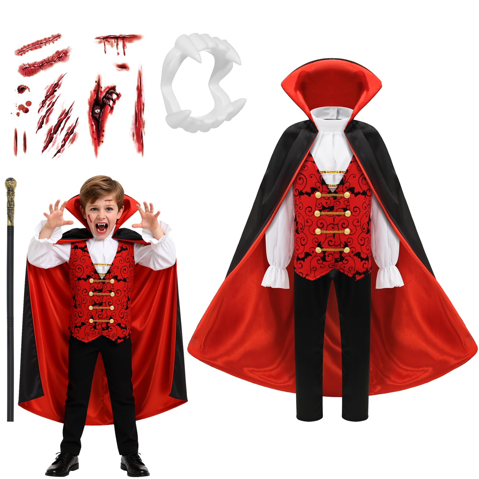 EOZY Boys Vampire Costume Kids Dracula Costume Halloween Cosplay Vampire Outfits with Cloak 10-12 Years