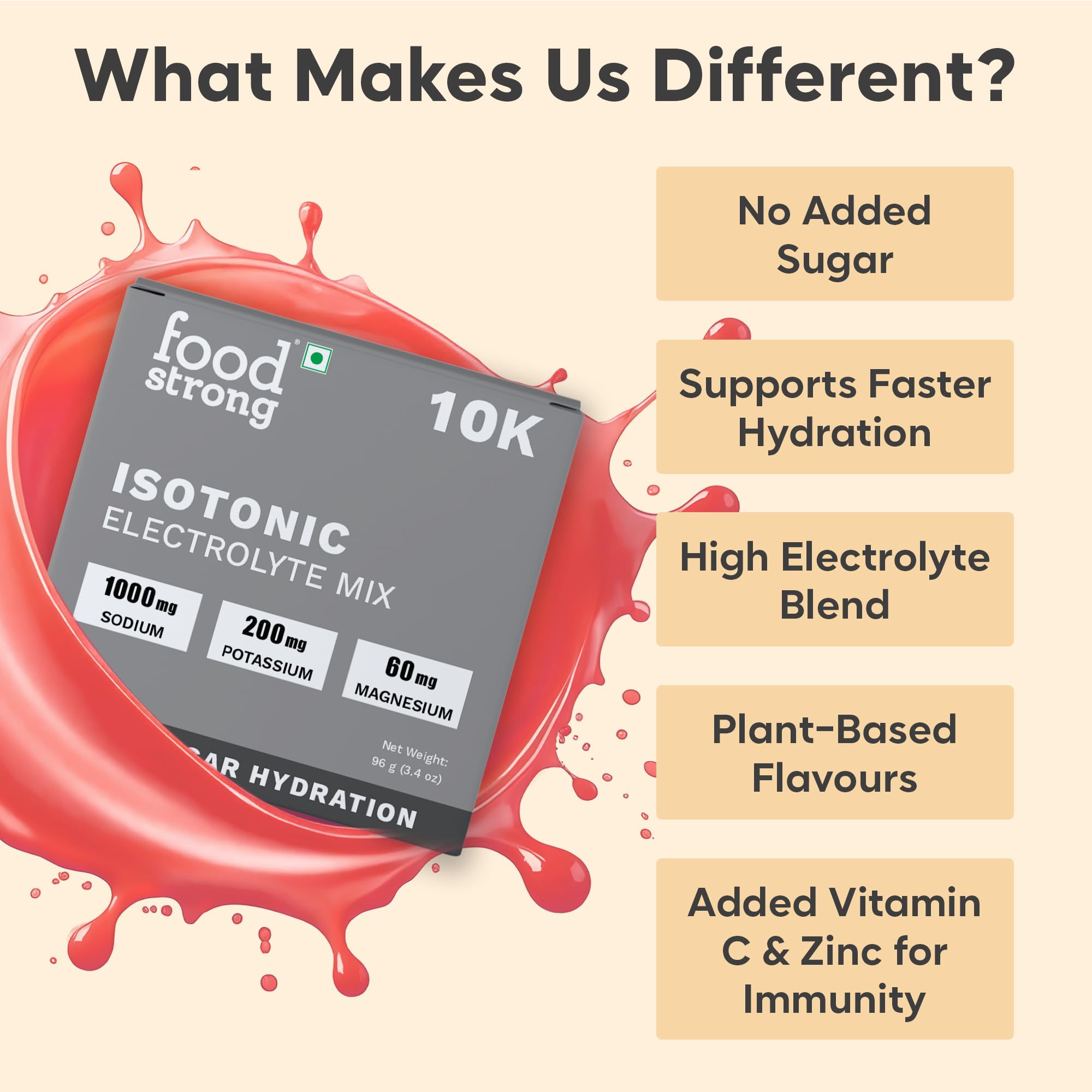 Foodstrong 10K Isotonic Electrolyte Mix – Zero Sugar Hydration | 1000mg Sodium, 200mg Potassium, 60mg Magnesium | Electrolyte Drink Mix – Multi Flavour – 8g Sachet, Pack of 12 - Image 5 thumbnail