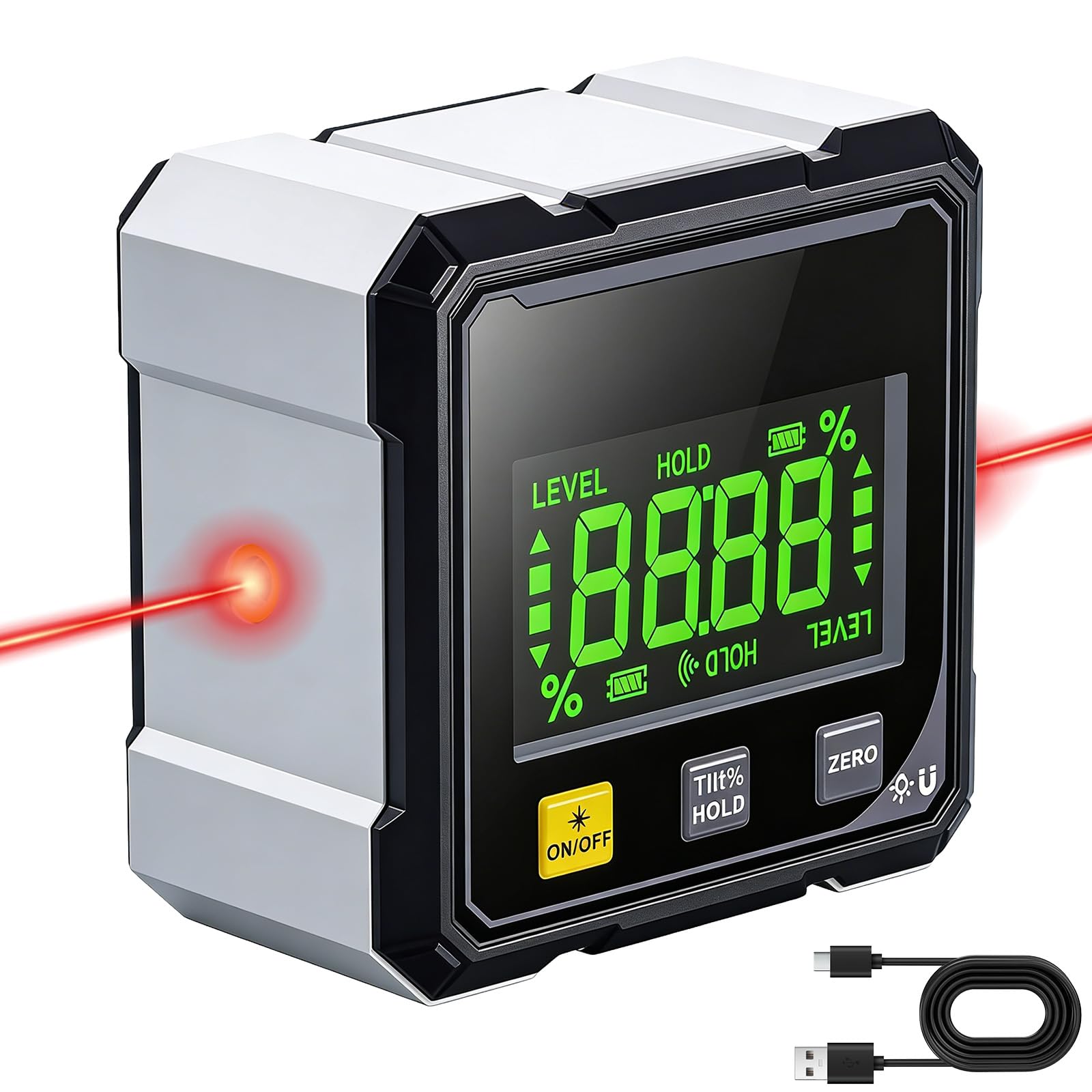 Medidor de ángulo digital, medidor de inclinación láser, base magnética, nivel de burbuja digital recargable con pantalla LCD, buscador de ángulos, inclinómetro, nivel de burbuja electrónico magnético