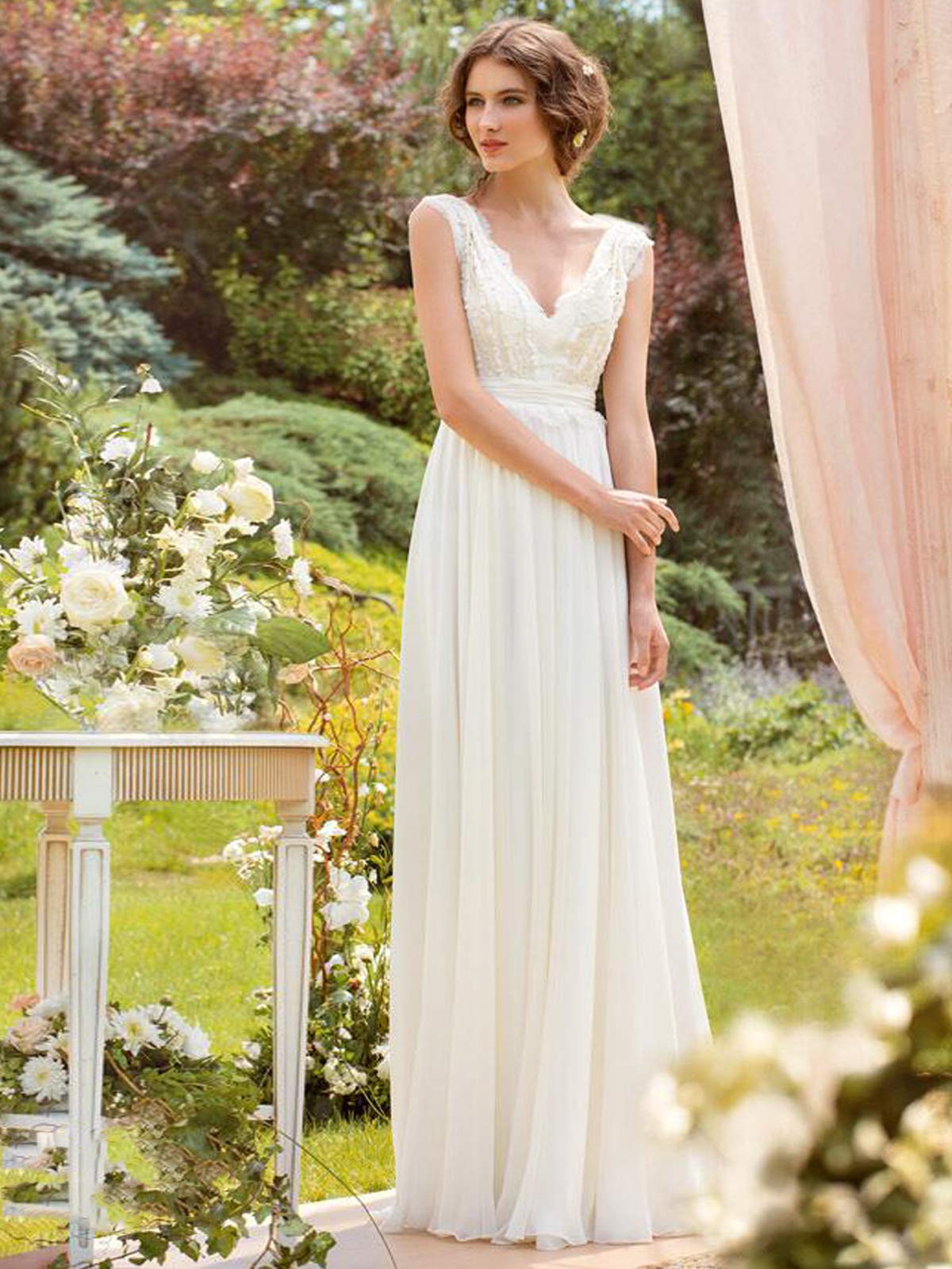 Elegante Spiaggia Scollo a V Lungo delle Donne Pizzo Chiffon a Line Abito da Sposa Ufficio Civile, Avorio, 42
