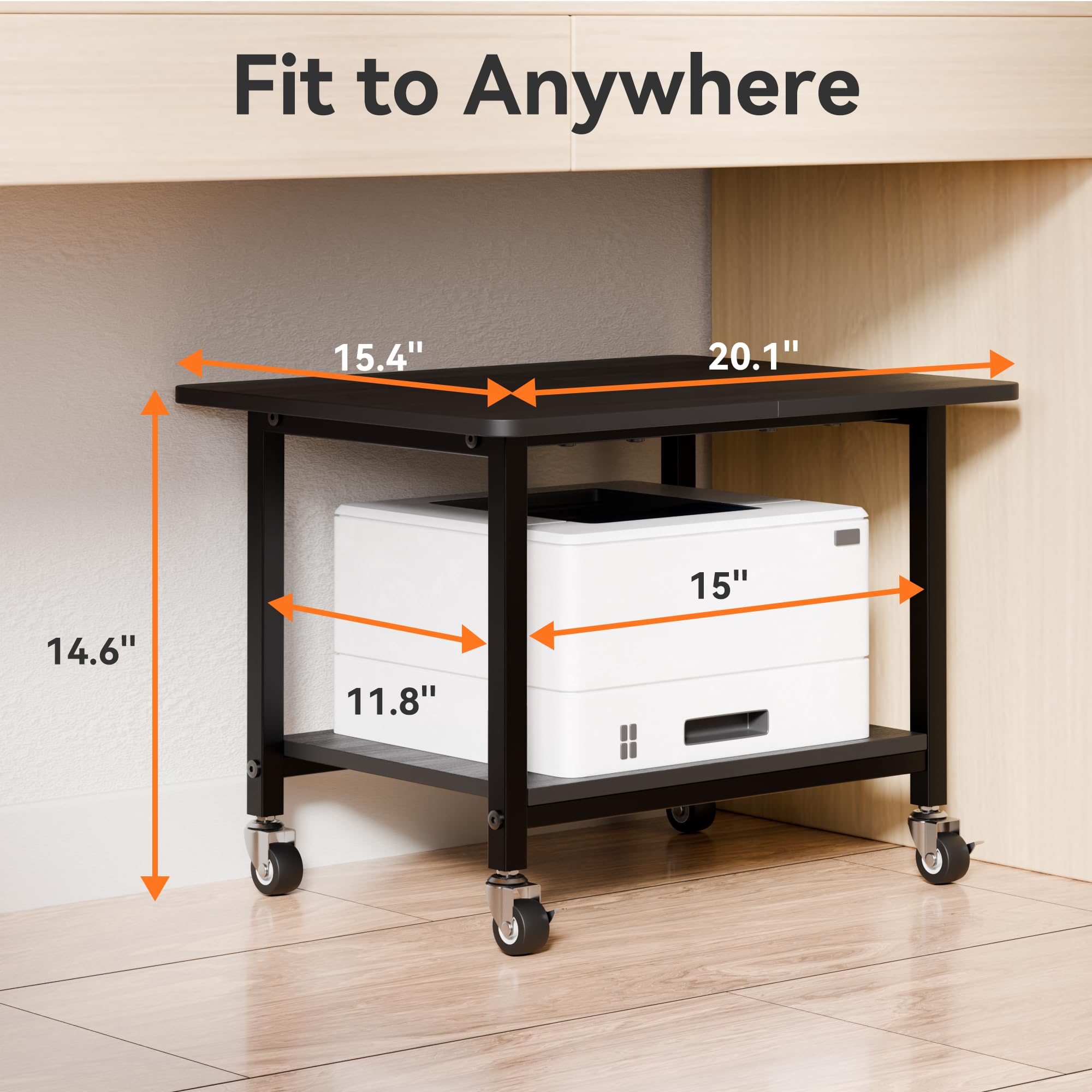 niffgaff Soporte para impresora con ruedas bloqueables, carrito de impresora rodante de 2 niveles con estante de almacenamiento, mesa compacta de madera y metal para oficina en casa, negro, 20.1 x
