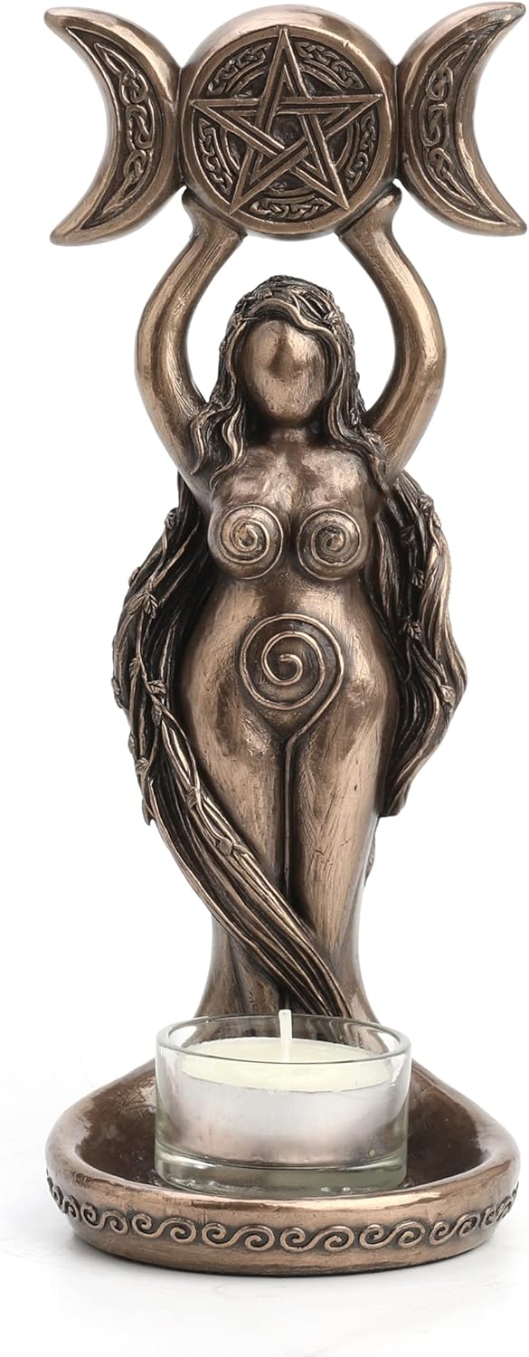 Veronese Design 8 1/2 Inch Tall Triple Moon Goddess Hecate Tealight Candle Holder Resin Statue Bronze Finish