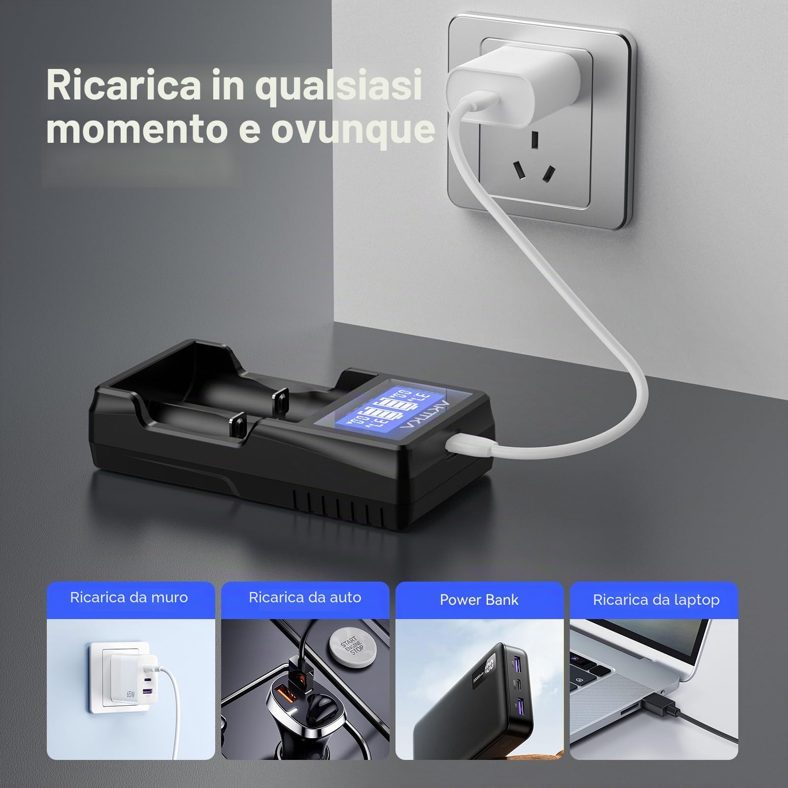 Caricabatterie Intelligente con Schermo LCD e Ricarica Rapida 5V/2A, Compatibile con Batterie Li-Ion 18650/21700/20700/26650 e Ni-MH/Ni-Cd AA/AAA/C, con Porta Type-C