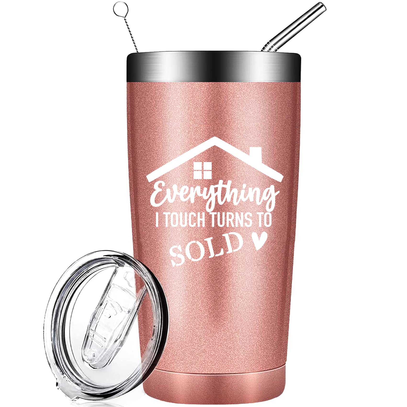 Everything I Touch Turns to Sold Realtor 20 OZ Tumbler with Lid and Straw, Vacuum Insulated Stainless Steel Travel Coffee Mug Double Wall Water Cup for Real Estate Agent Rose Gold