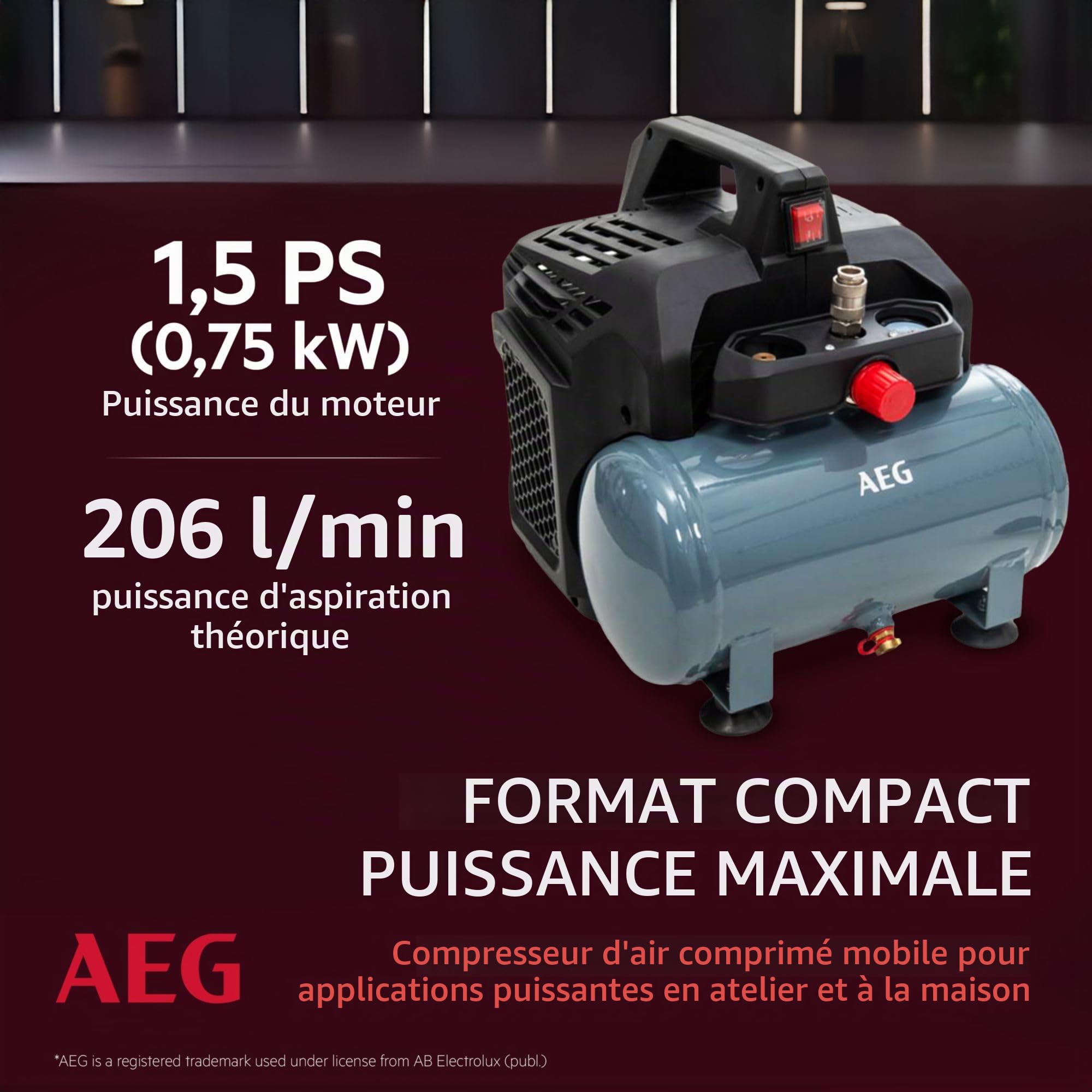 AEG KL6 Compresseur d'air comprimé silencieux et puissant pour atelier, maison, loisirs, polyvalent, sans entretien, sans huile, 56 dB, puissance du moteur 1,5 CV, réservoir 6 l, 8 bar, 206 l/min