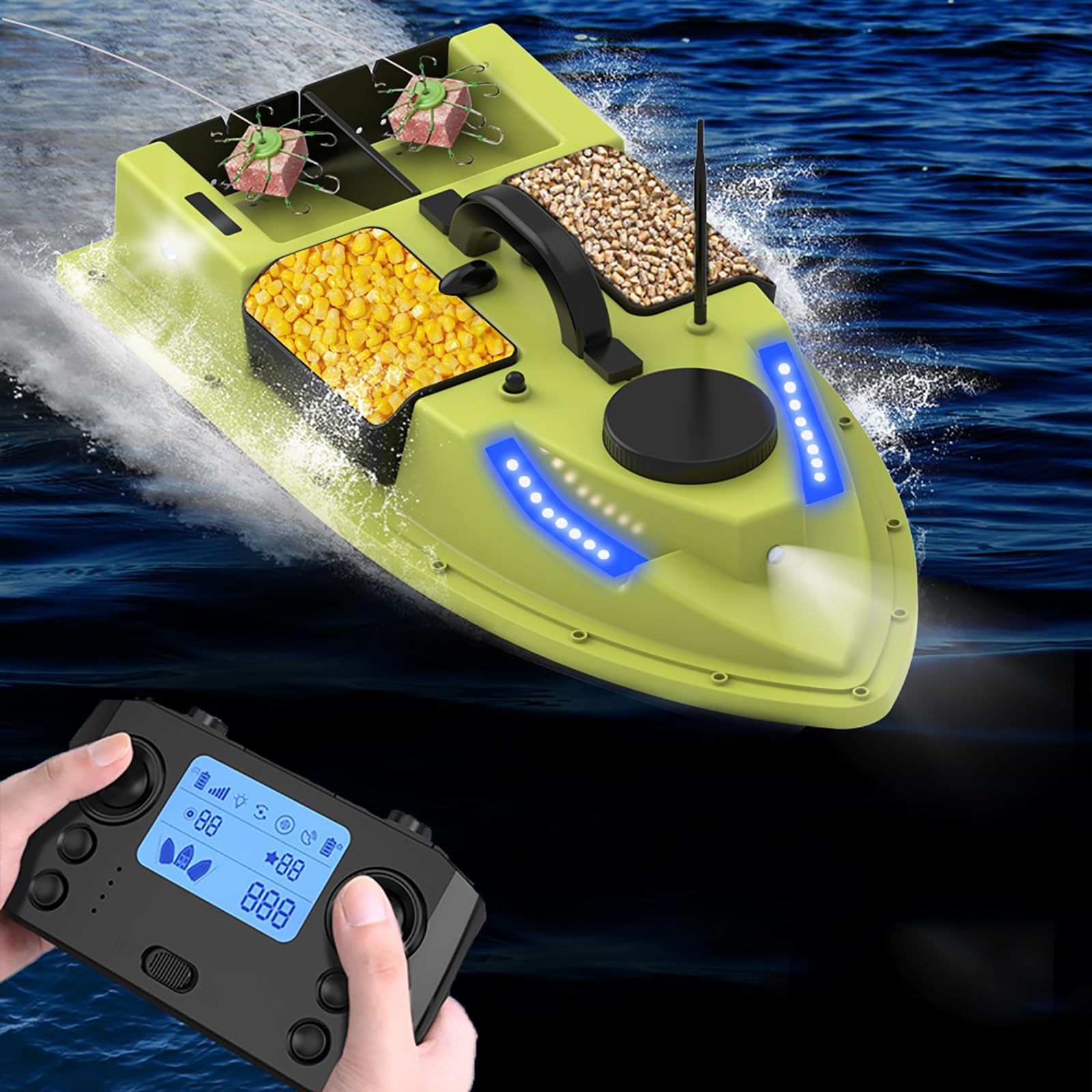 Barca con esche da pesca GPS, Barca con esche da pesca RC wireless 600M con luce notturna a LED, Barca con esche automatica con 4 contenitori per esche, Fishfinder con carico di 2 kg e Crociera