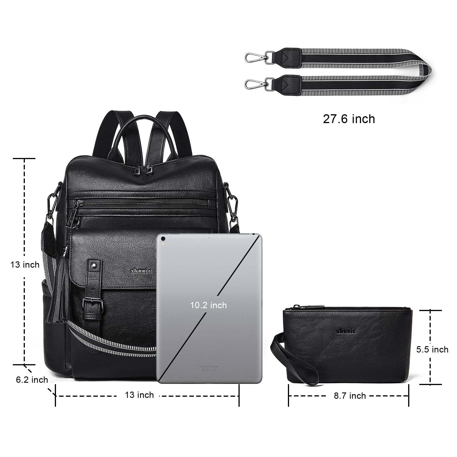 Shrrie Sac a Dos Femme en Cuir Vegan,Sacs à Main Portés Dos Antivol Imperméable Elegant Leger,Sacs à Dos Cartable avec Sangle de Guitare Amovible,Backpack Casual pour Voyage Travail Loisirs