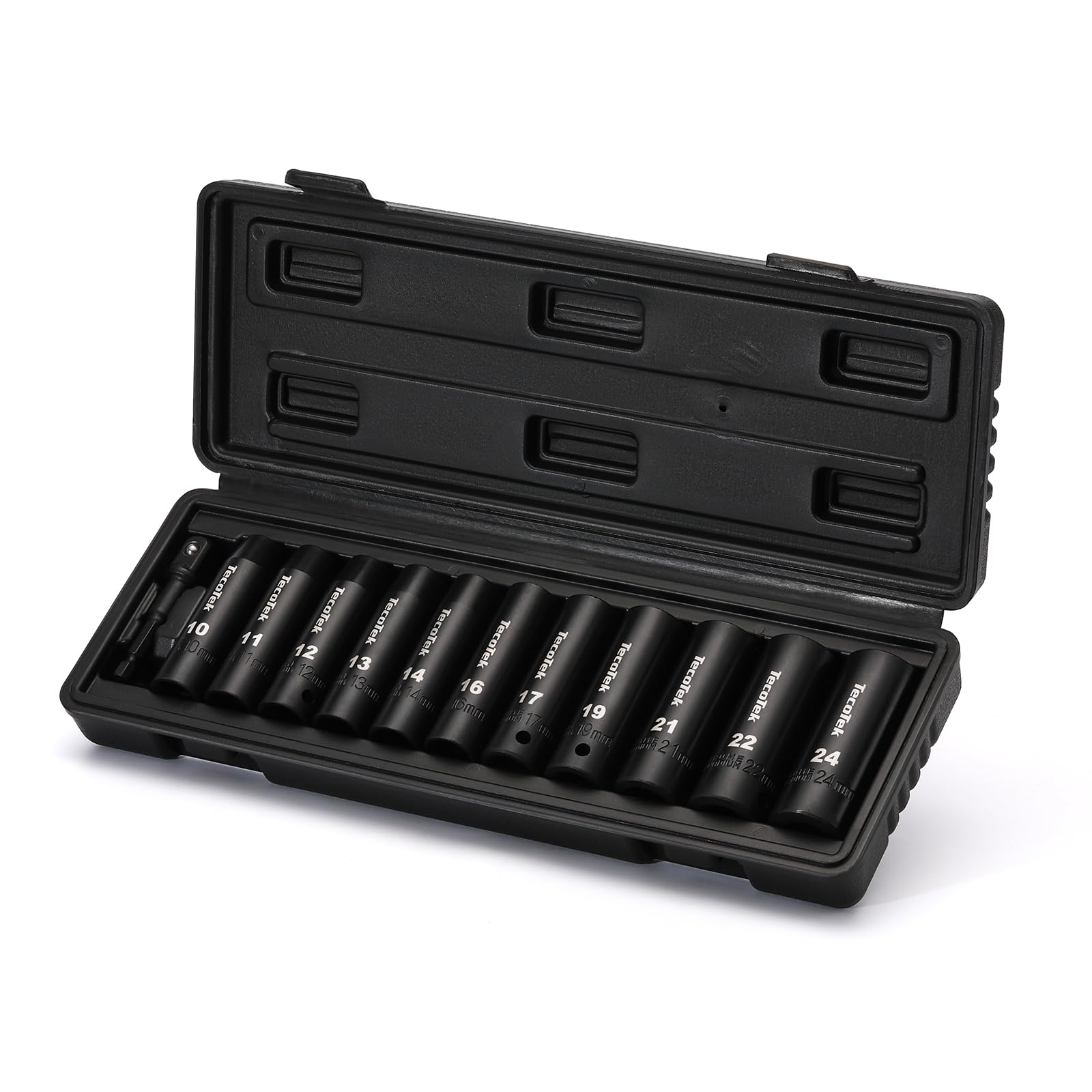 TecoTek Juego de 12 llaves de vaso de impacto métricas de 1/2 pulgada de profundidad de 12 puntos, Cr-V, 10 mm a 24 mm, adaptador de enchufe de taladro de 1/2 pulgada