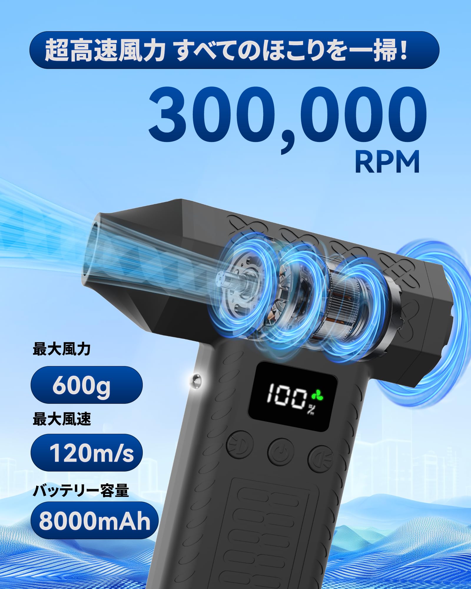 洗車 ブロワー 最強(300000rpm·3段風量調整·最大風速120m/s·8000mAh) 電動エアダスター 小型 ミニ 強力 ブロアー 充電式 2個LEDライト付き LCD数字ディスプレイ搭載 200分連続作業可 純真鍮ターボブラシレスモーター カメラ/pc/キーボード/パソコン疾風掃除 水滴飛ばし