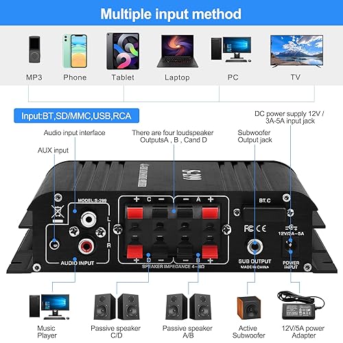 Miniatura 7 de Amplificador de potencia de audio para altavoces domésticos -S-299 Bluetooth 5.0 amplificador de potencia 4.1 canales RMS 40Wx4 Subwoofer AMP DC