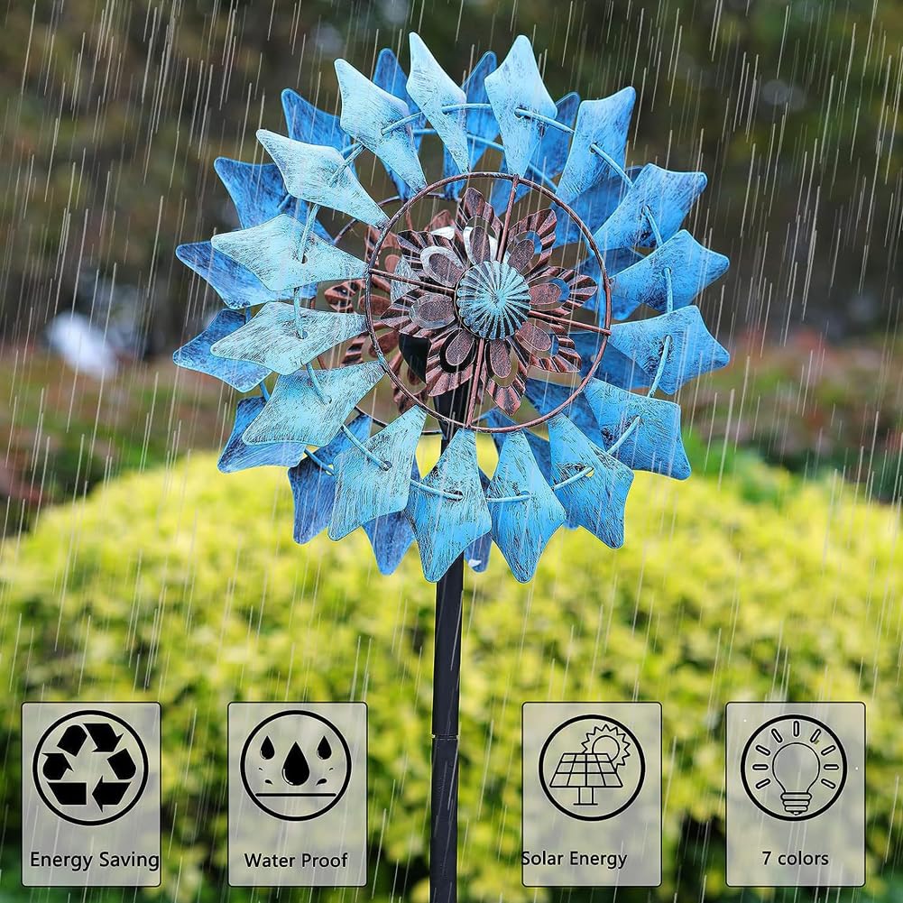 Girandola a vento da 190 cm, con luce solare in 6 colori, girevole a 360°, in metallo, per giardino, patio, decorazione esterna (marrone2)