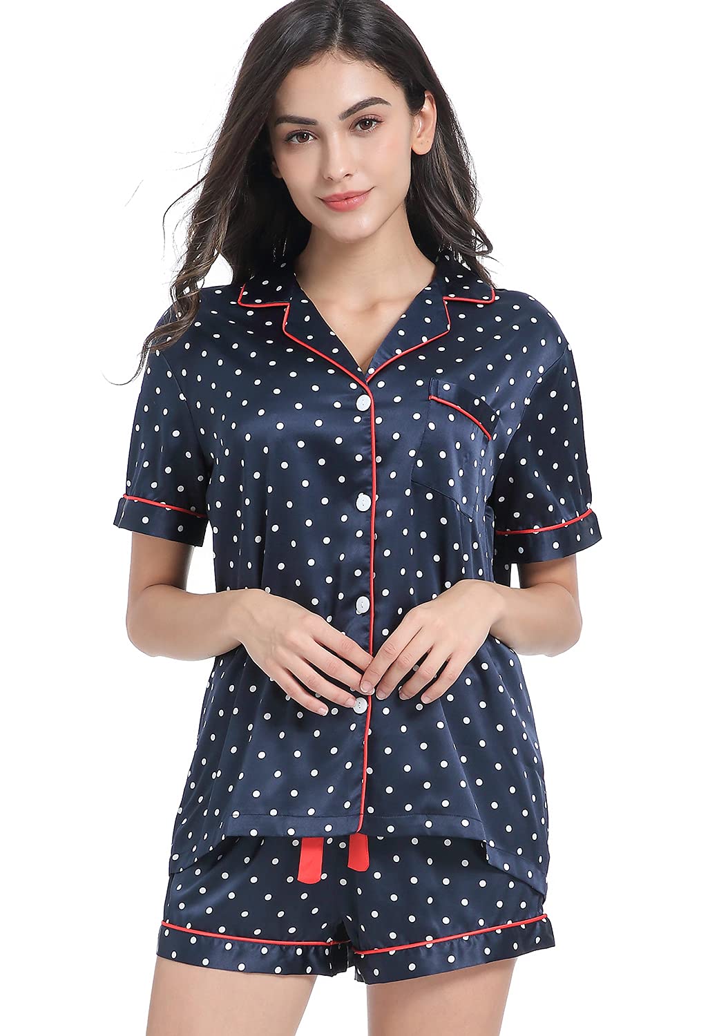 Serenedelicacy - Pijama de satén para mujer, conjunto de 2 piezas, ropa de dormir, ropa de estar por casa, abotonado, manga corta, sedoso