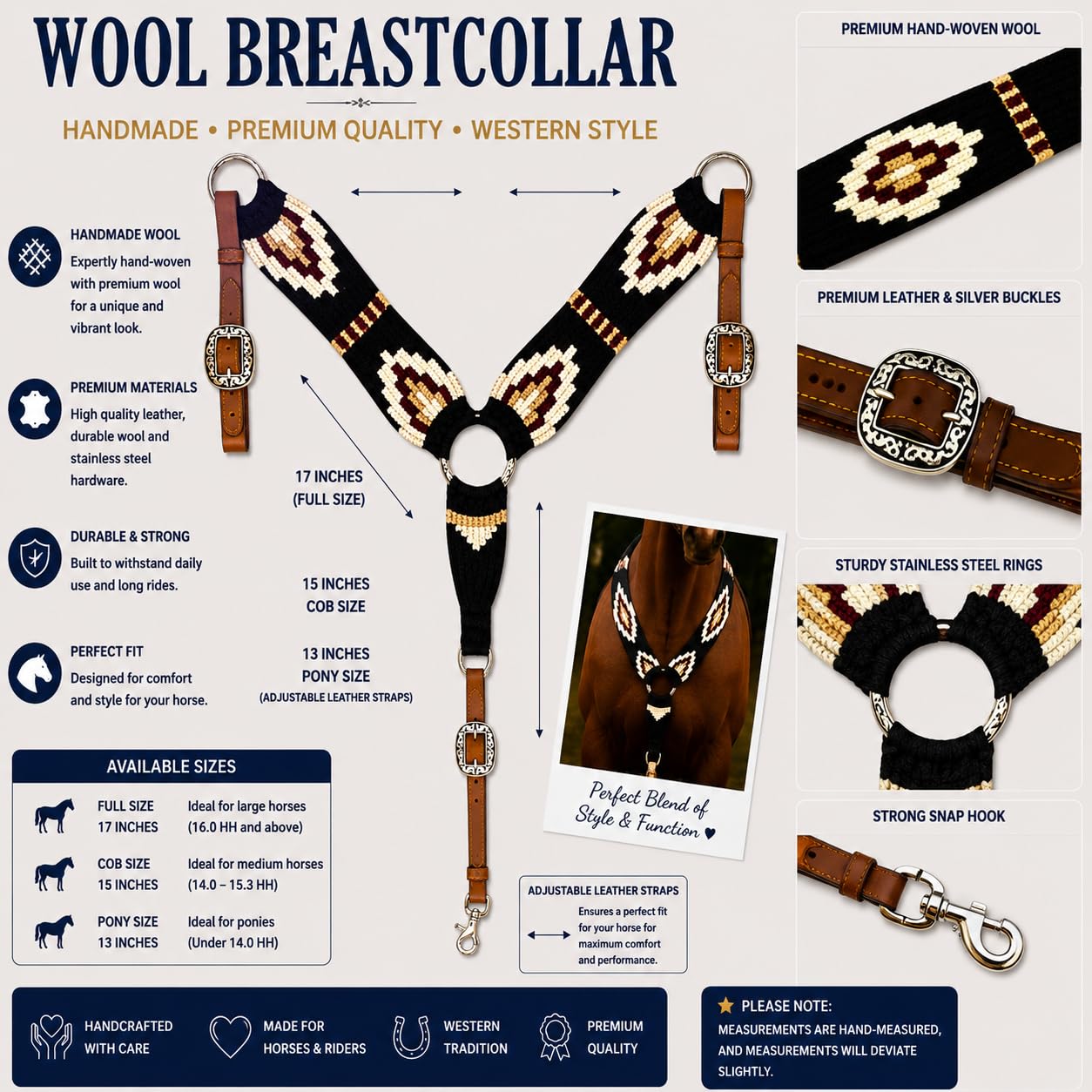 Cheval's International Collare per cavallo in mohair occidentale, realizzato a mano in lana e pelle, regolabile, resistente e confortevole, per cavalli, nero