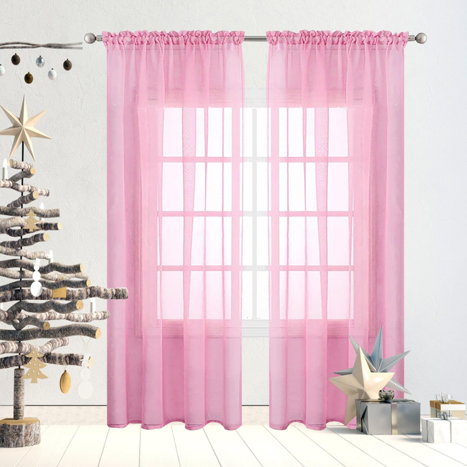 Rideaux balcon fenêtre cuisine rose 210x80cm transparents à paillettes