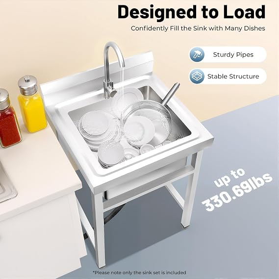 Kitchen Freestanding Sink Stainless Steel SingleBowl Outdoor Sink with Tap