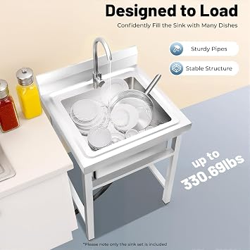Kitchen Freestanding Sink Stainless Steel SingleBowl Outdoor Sink with Tap