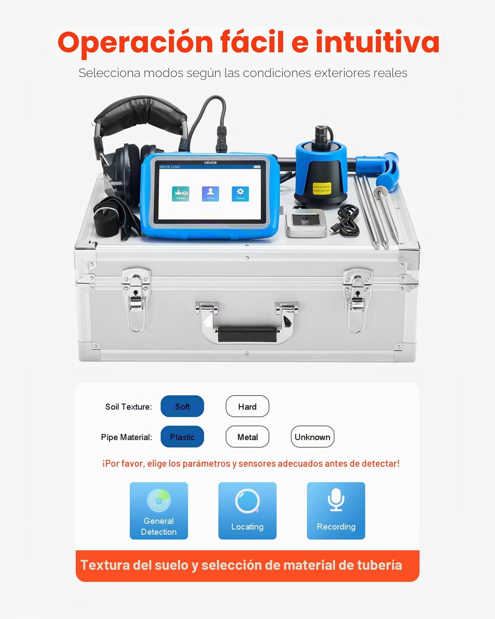 VEVOR Detector de Fugas de Agua para Tuberías Subterráneas, 1–10 000 Hz, Pantalla Táctil 17,78 cm, 5 m de Longitud, con Sensor Mediano, 3 Varillas de Escucha, Auriculares y Estuche de Transporte