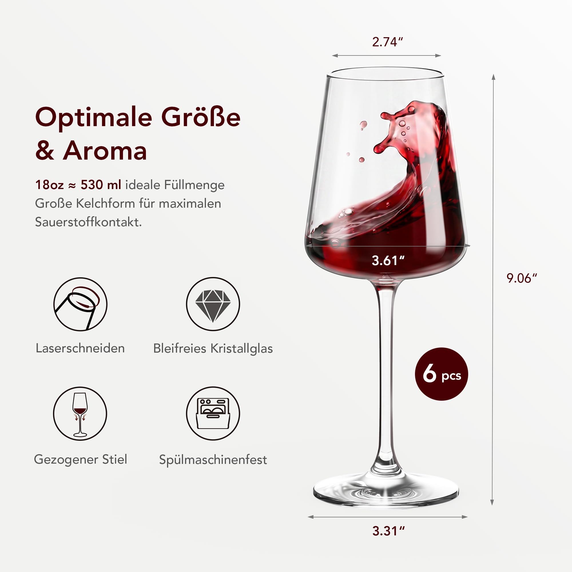 GENICOOK Rotweingläser 6er Set 530 ml – Mundgeblasene Kristallglas Weingläser, bleifrei & spülmaschinenfest, dünnrandig mit langem Stiel – elegante Weinkelche für Rotwein, Weißwein & Geschenkidee