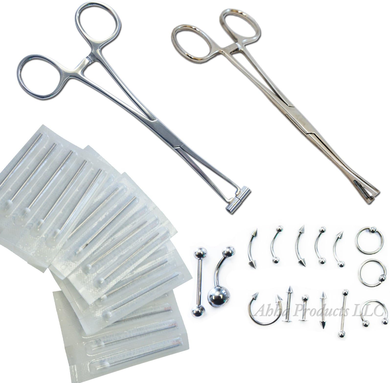 42pc Ear Lip Navel belly Body Piercing Kit Forcep Septum Nose 12G-20G Stainless Steel Jewelry