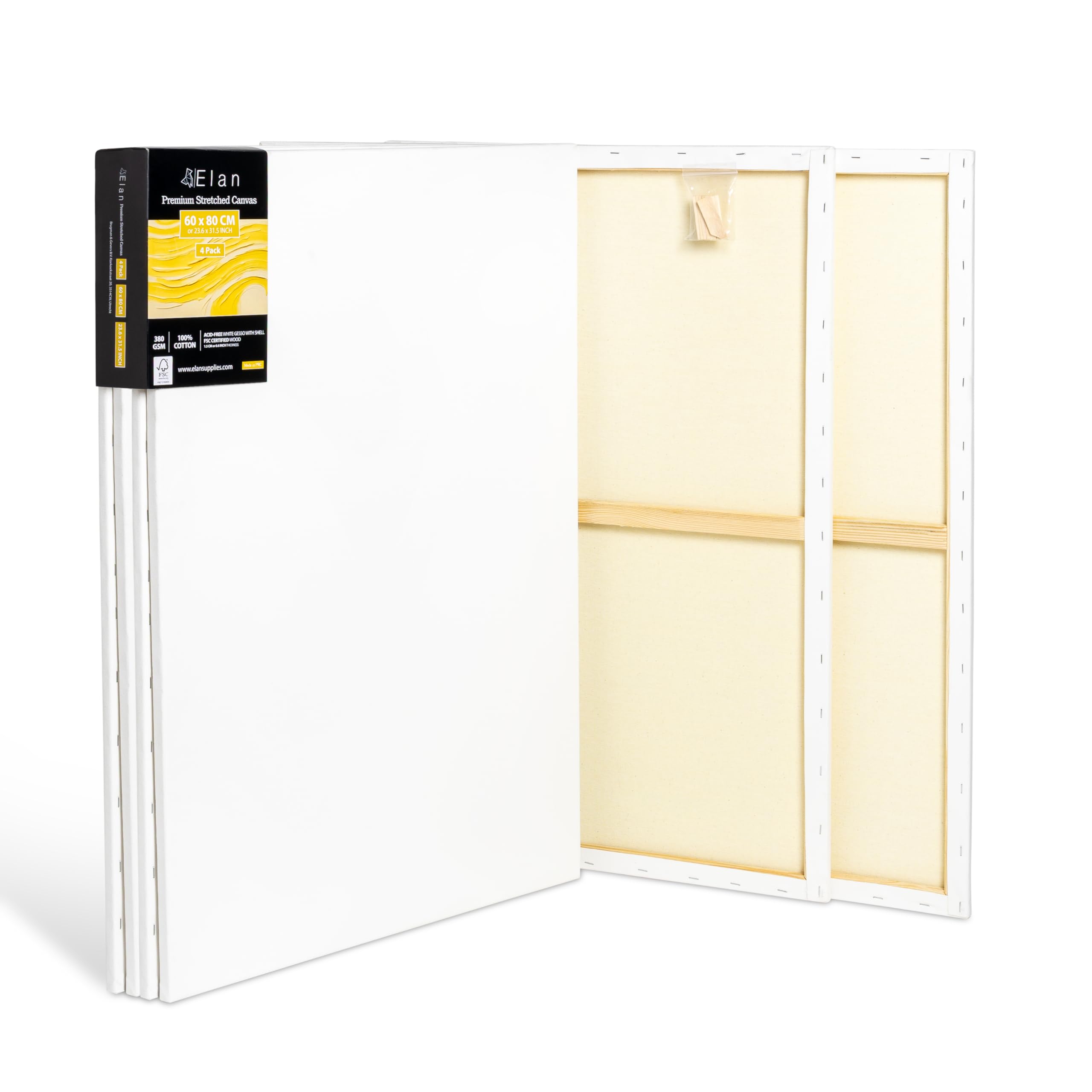 Elan Stretched Canvases 60x80 CM 380 GSM, 4-Pack Art Canvases for Oil Painting, Large Canvas for Painting 380 GSM, Oil Paint Canvas 60x80 CM