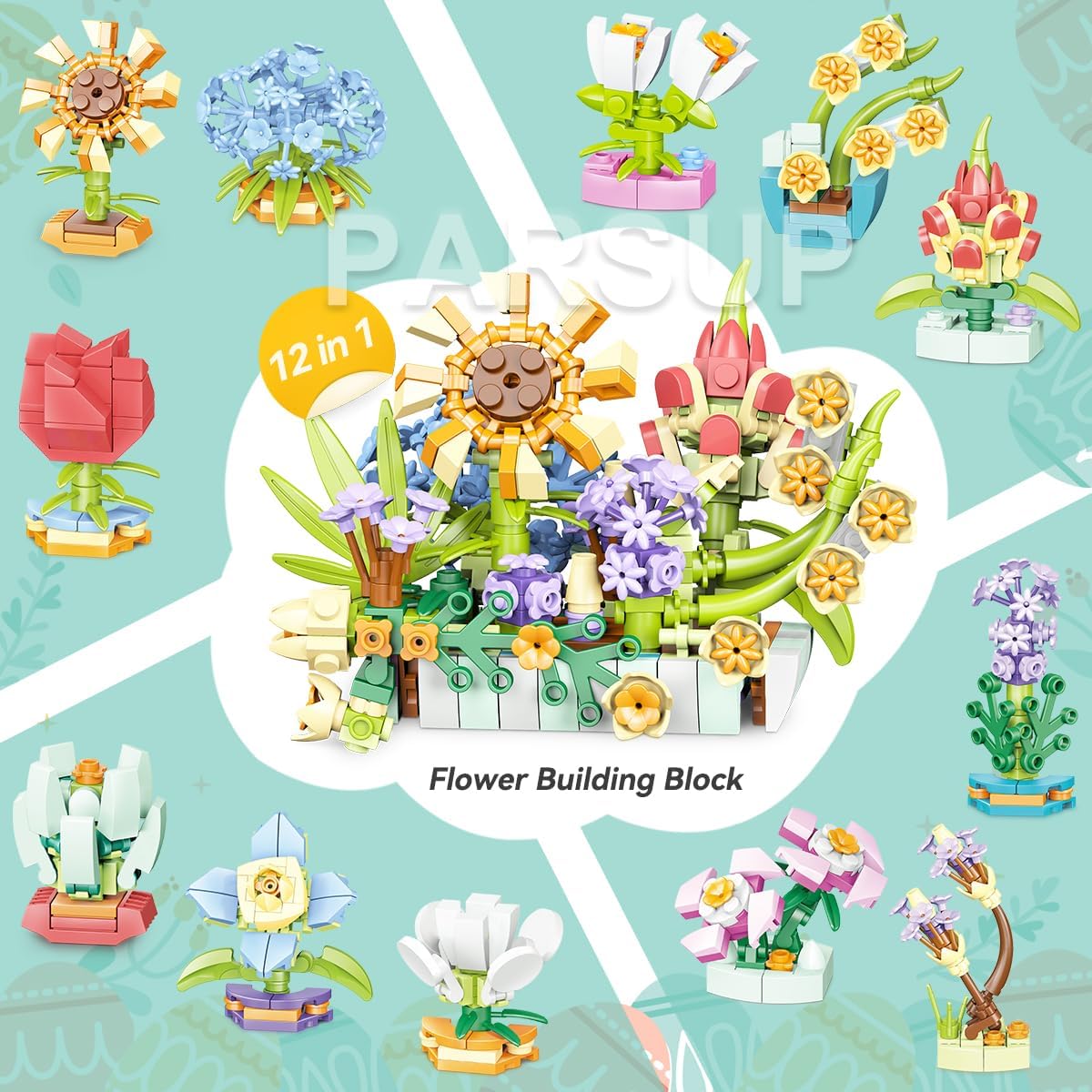 PARSUP 12 Pack Easter Plastic Eggs with Flower Building Blocks for Easter Theme Party Favors, Supplies for Easter Egg Hunt, Basket Stuffers/Fillers, Classroom Prize Supplies Toddler Boys Girls