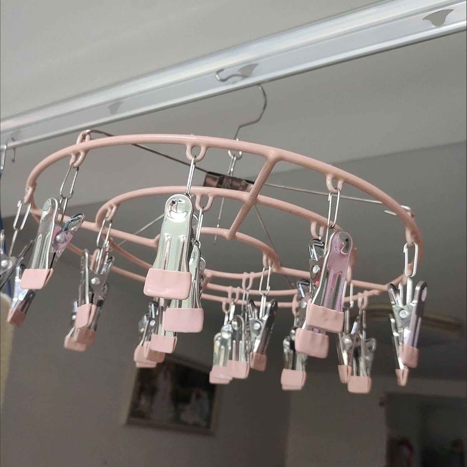 Stainless Steel Coat Sock Drying Rack with 24 Clips, Swivel Hook Windproof Clothes Hanger Rack for Sock Bras Towel Underwear Hat Scarf Gloves Pants Laundry Clothes (Apricot Color Clips)