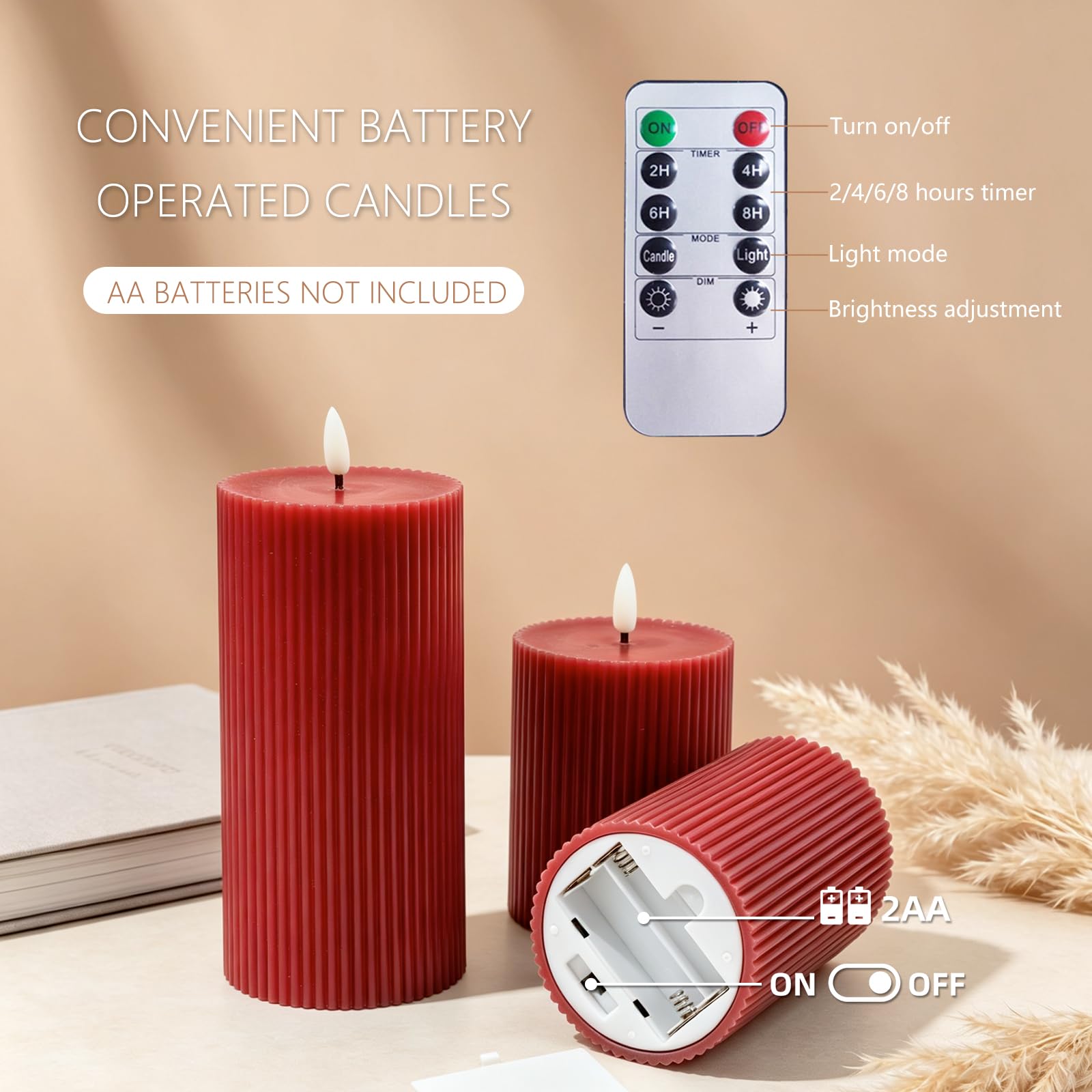 Set di 3 Candele LED, Candele Flickering Flameless, LED tea lights Tremolante con Telecomando e Funzione Timer, Finte a Batteria Stoppino di Candela 3D per Festa/Matrimonio/Hotel (Rosso)