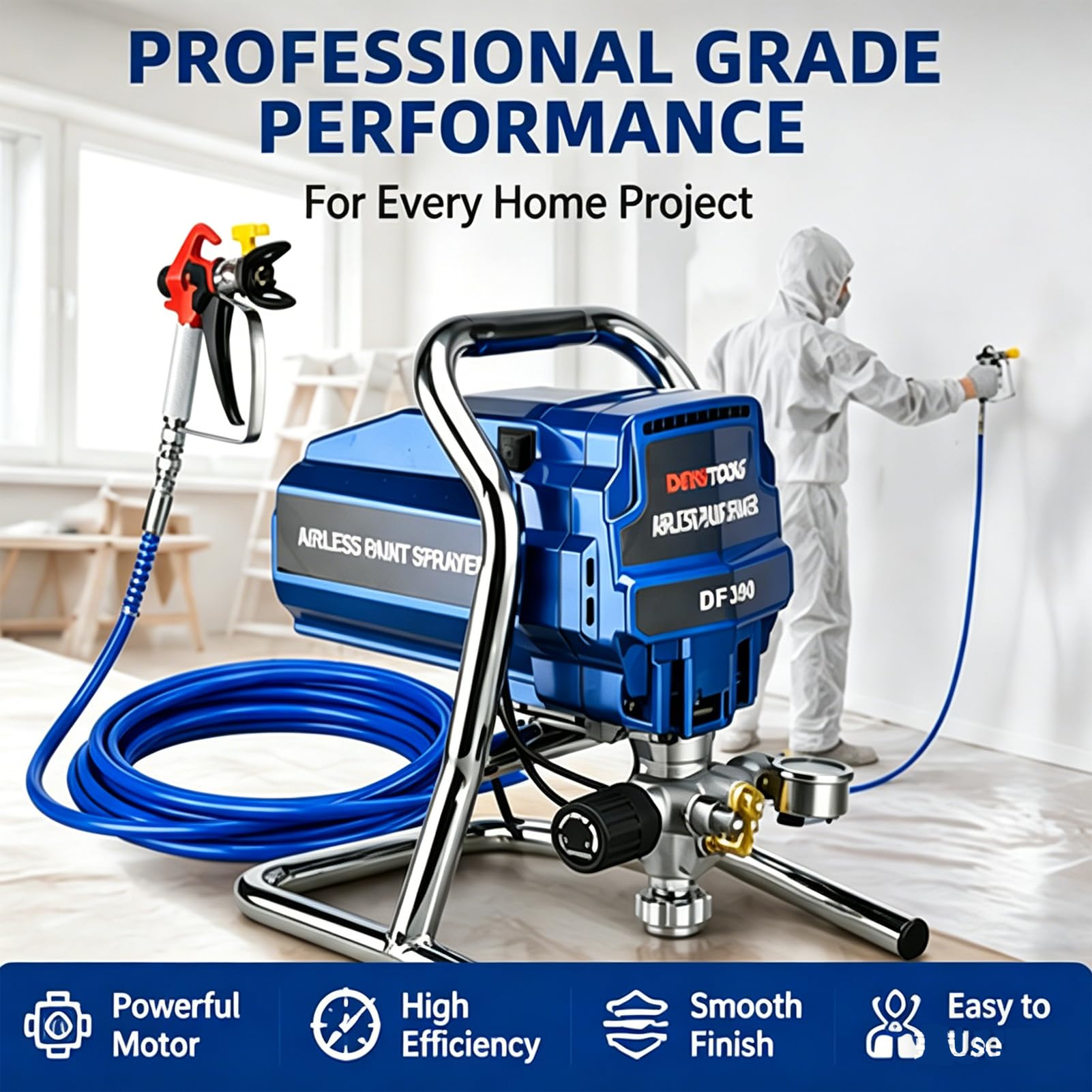 Pulverizador Airless 3000psi De Alta Eficiencia Sin Dilución, Pistola De Pintura Alto Rendimiento con Manguera De 5m, para Hogar, Jardín, Patio Y Uso Comercial Exterior