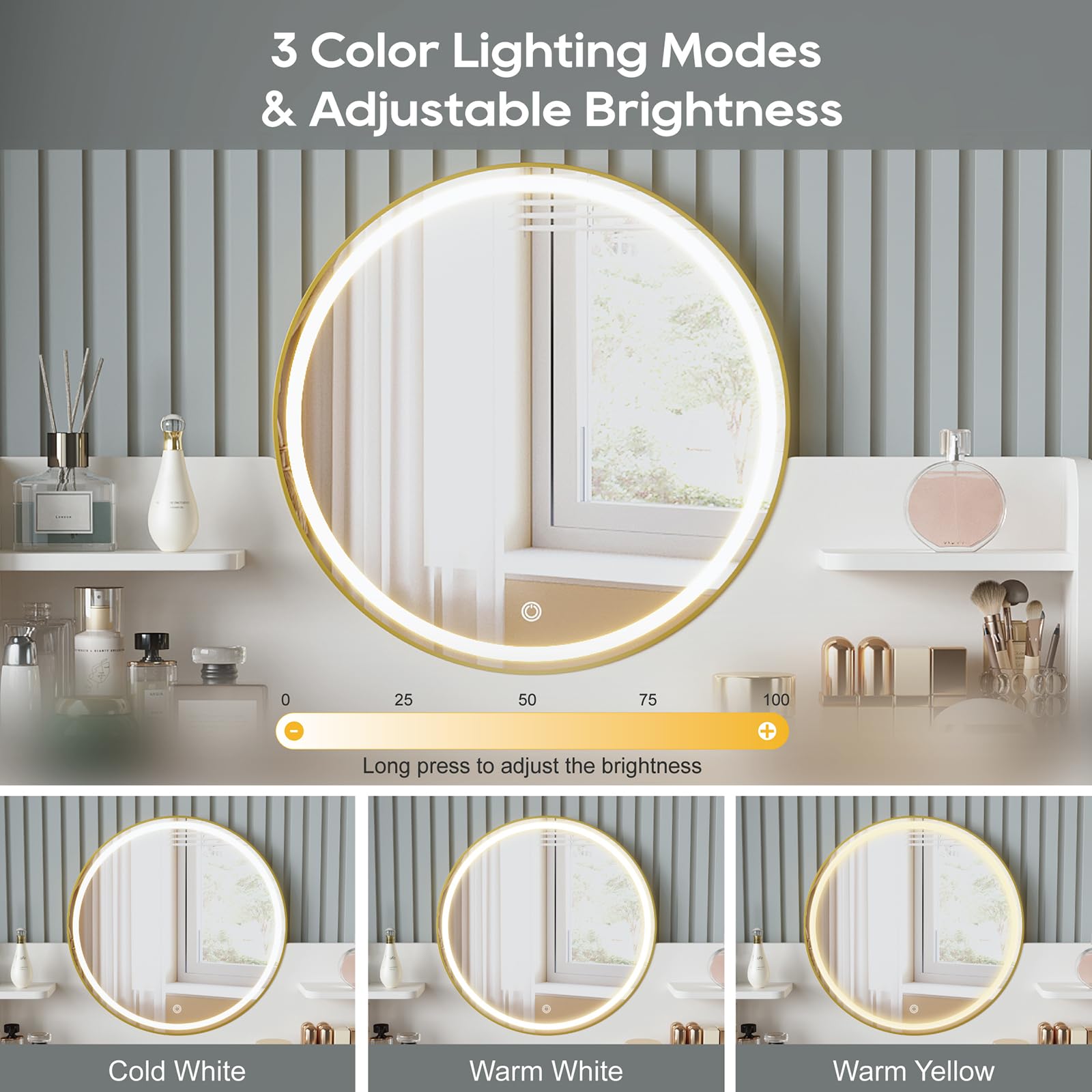 DELUXE LIVING Makeup Vanity Desk with Mirror and Lights, Glass Top Vanity Desk with 3 Drawers & 2 Storage Shelves, Bedroom Dressing Table with Power Outlet, 3 Lighting Mode, White