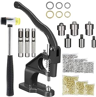 Hand Press Grommet Machine,Grommet Eyelet Tool Kit w/3 Dies(#0/#2/#4) of 1/4, 3/8, 1/2 Inch (6, 10, 12mm),1500 Golden Grommets,Eyelet Grommet Machine for Snap Buttons Rivets Eyelets Pearls