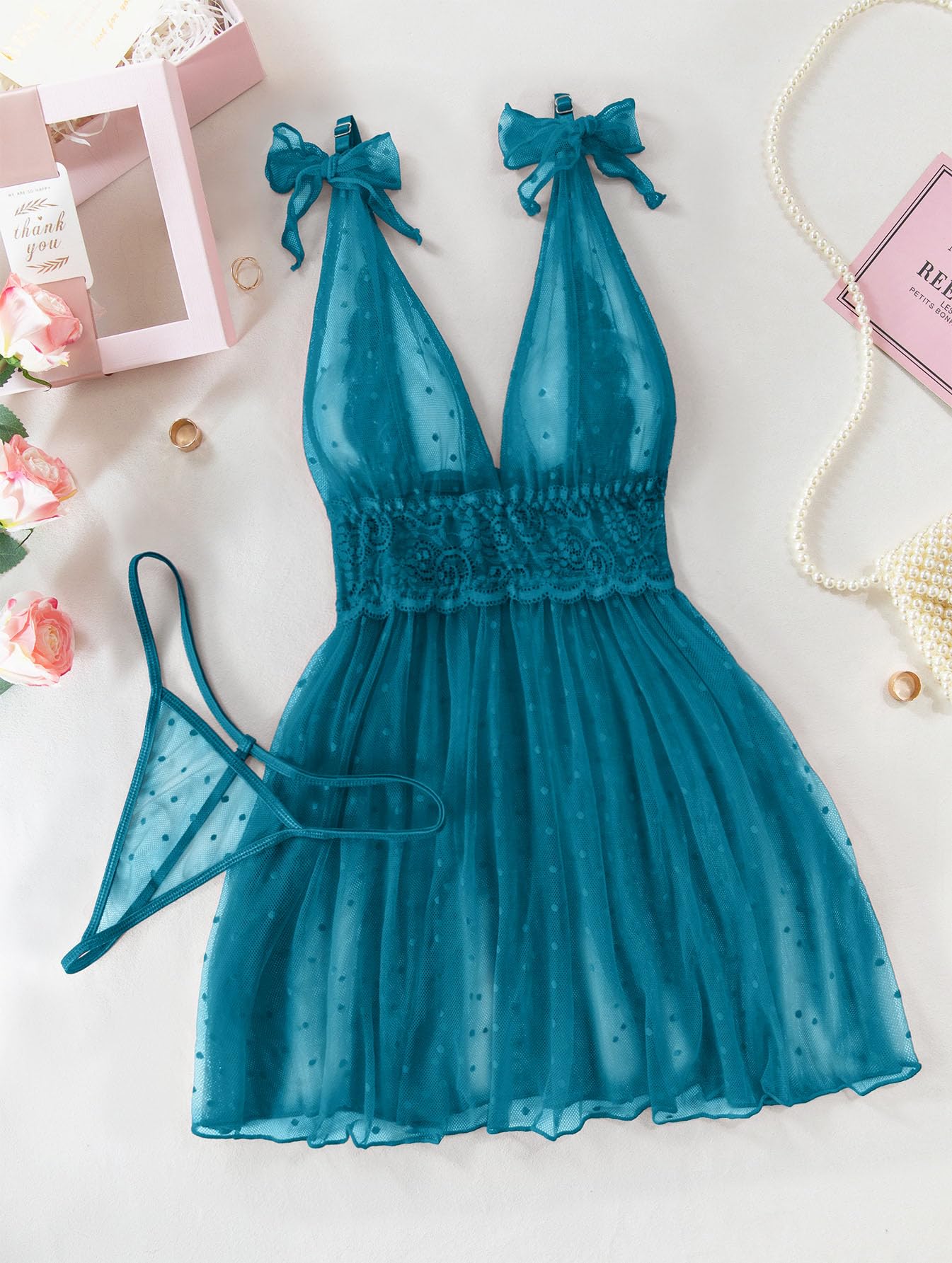 Lilosy Sexy Polka Dots Mesh Sheer Lace Babydoll Chemise Lingerie Set Floral Lace Sleep Wear