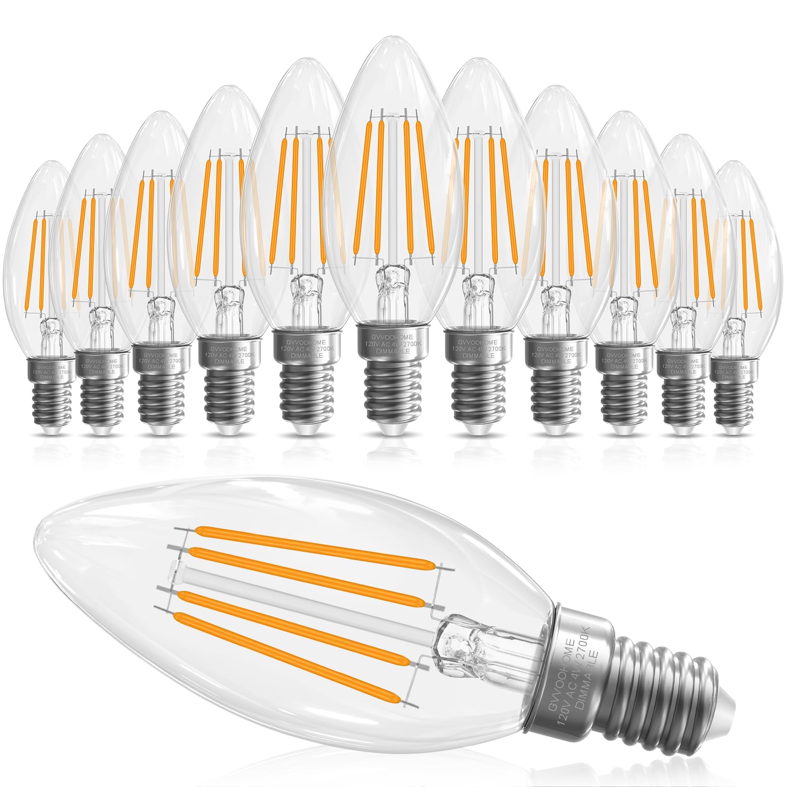 e12 candelabra bulb 40 watt equivalent e12 led bulb dimmable chandelier light bulbs b10 candle light bulbs 2700k soft white 90cri 400lm cear glass 12 pack