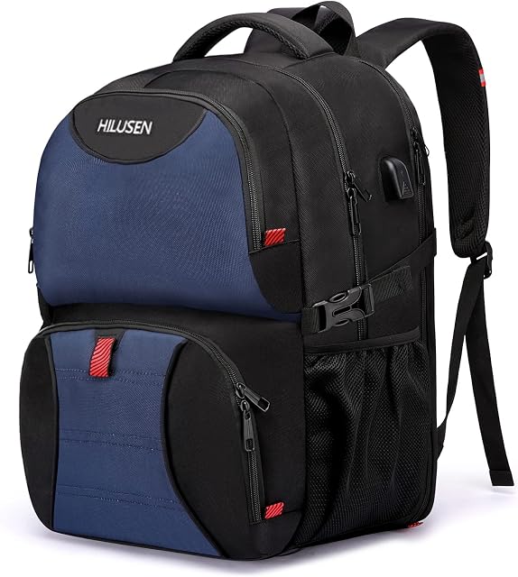 HILUSEN Extra Large Travel Laptop Backpack 50L,Lunch Backpack 17.3 Inch Business Work Backpack Bag With USB Charging Port,Water Resistant Big College High School Rucksack for Men Women Blue