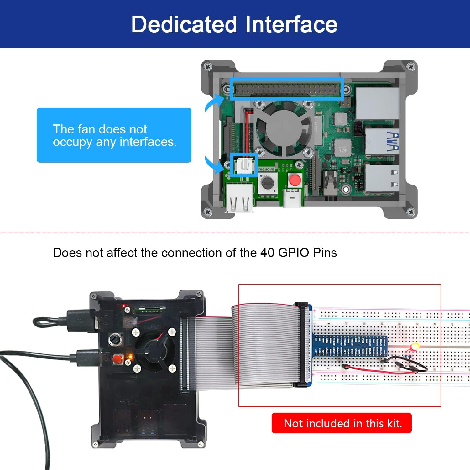 Freenove Case Kit for Raspberry Pi 4 B, Adjustable Speed Cooling Fan, Built-in Power Switch, Acrylic Protective Case, USB Cable