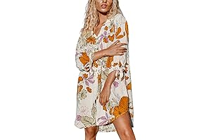 FLORAL TUNIC COVER UP FOR WOMEN 3/4 SLEEVE BEACH DRESS
