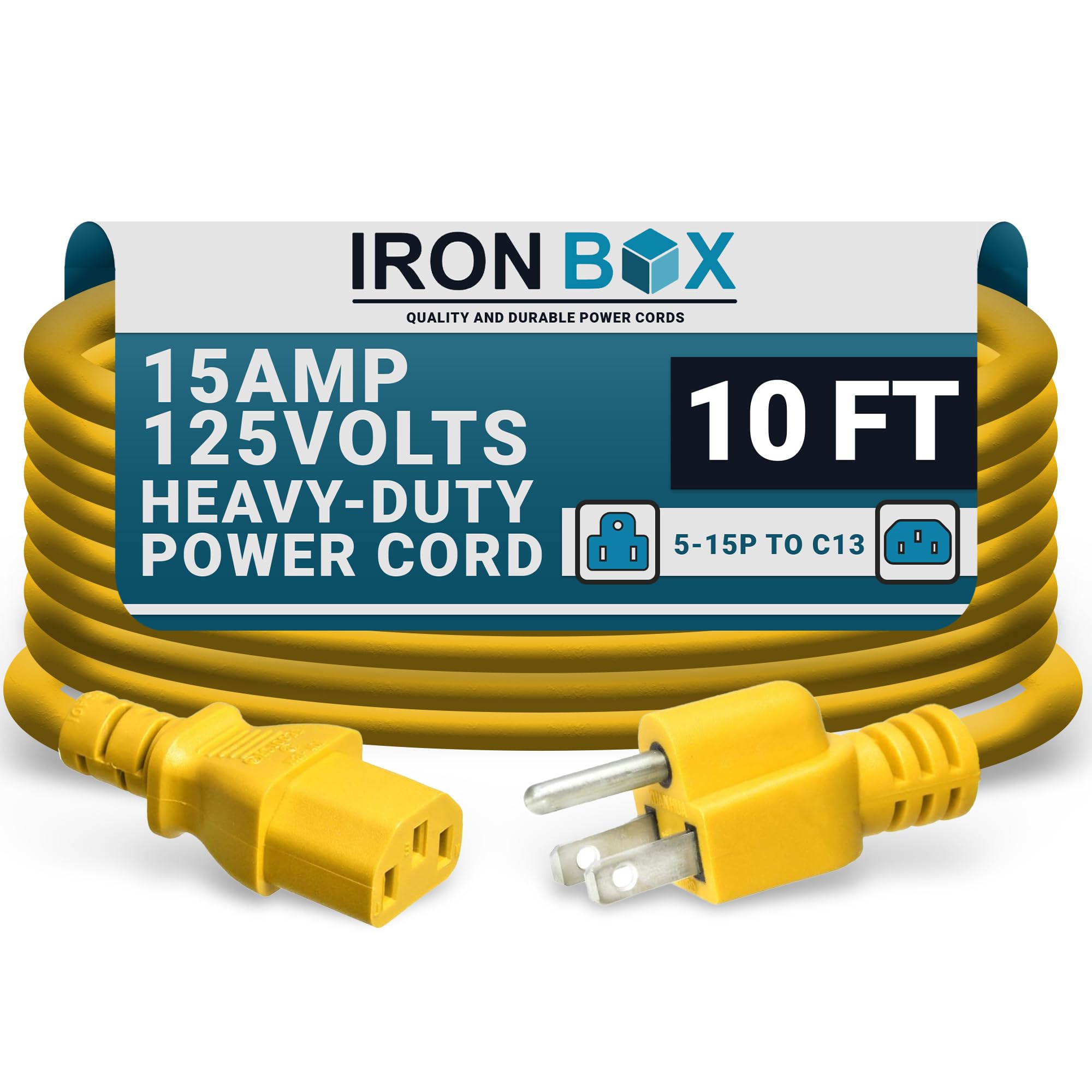 IronBox Electric - Heavy-Duty 5-15P to C13 Power Cord - 3 Prong 15A 125V 14/3 SJT PC Cable - Cord for Computer, Monitor, Subwoofer, Amplifier - Cable for Power Supply - (Yellow 10 Foot)