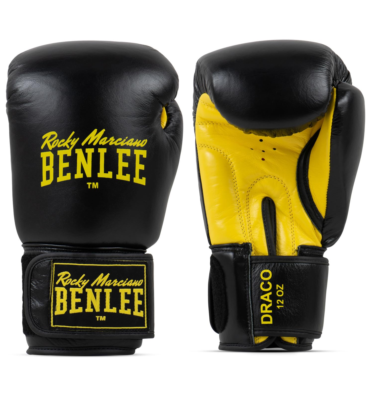 BENLEE Rocky Marciano Unisex - Adult DRACO Leather Boxing Glove, Black/Yellow, 14 oz