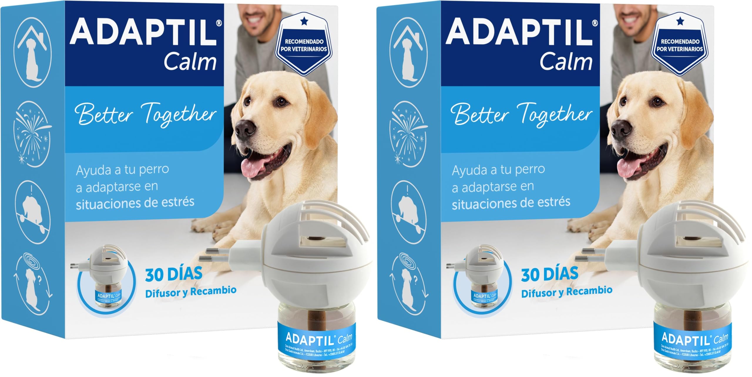Adaptil Calm - Antiestrés para Perros - Solo en casa, Miedos, Ruidos Fuertes, Adopción - Difusor + Recambio 48ml (Paquete de 2)