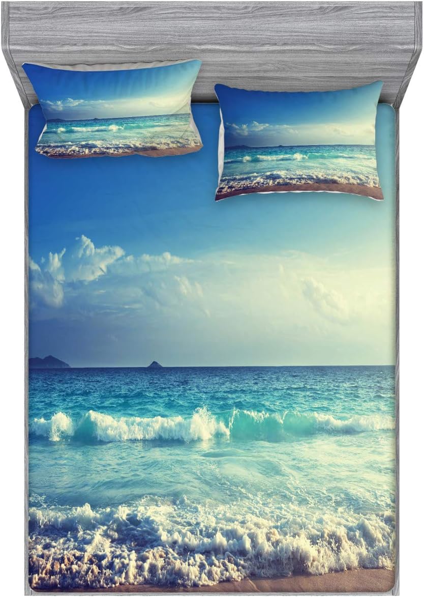 Ambesonne Ocean Fitted Sheet & Pillow Sham Set, Tropical Island Paradise Beach at Sunset Time Waves and The Misty Sea Image, Decorative Printed 3 Piece Bedding Decor Set, Queen, Turquoise Cream
