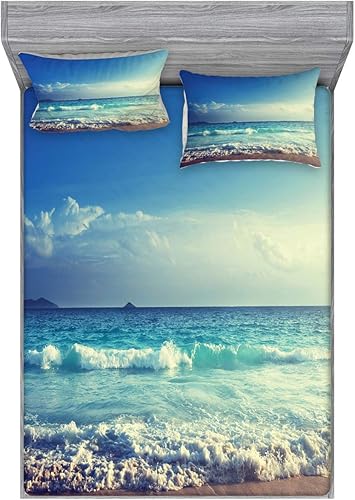 Miniatura 1 de Ambesonne Juego de sábanas bajeras y fundas de almohada, diseño de playa tropical Paradise Beach at Sunset Time Waves and The Misty Sea Image, juego
