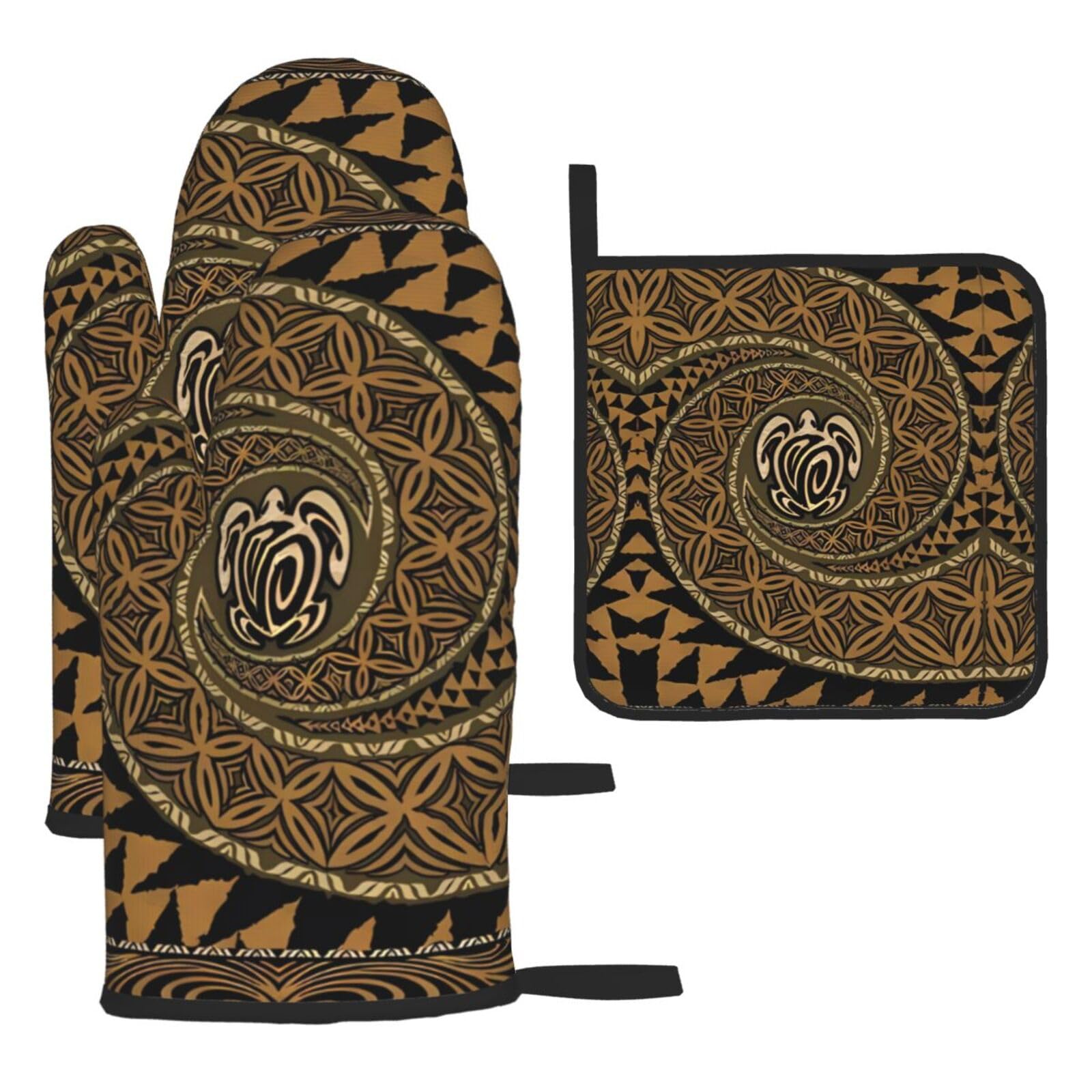 Hawaiian Tapa Honu Turtle 3-Piece Oven Mitt Set - Printed Heat Resistant Gloves with Pot Holder Mat for Cooking Baking BBQ Grill - Polyester Kitchen Accessories