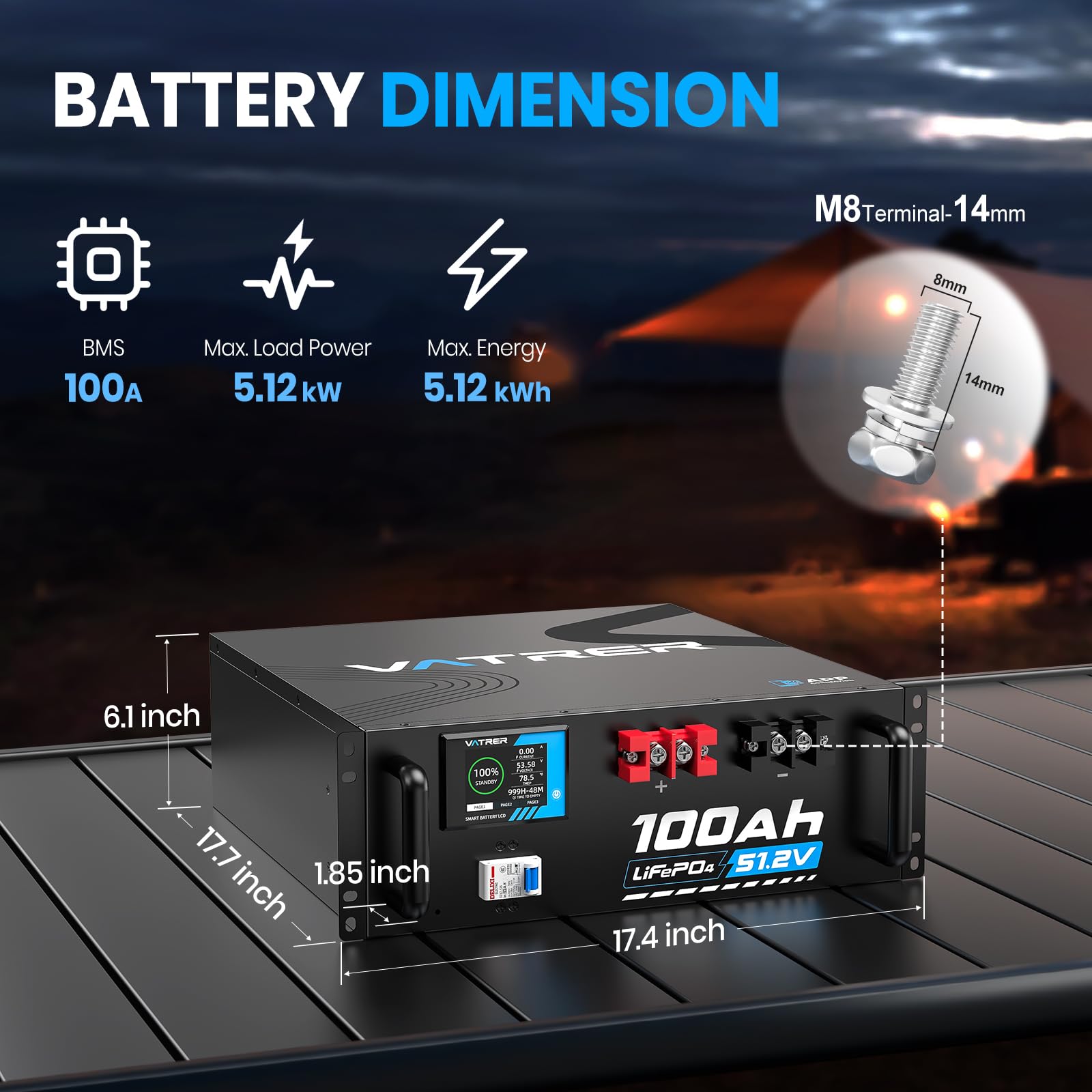 48V 100AH Lithium LiFePO4 Battery Built-in 100A BMS with Touchable Smart Display Mobile APP Max 4800W Power Output — view 2