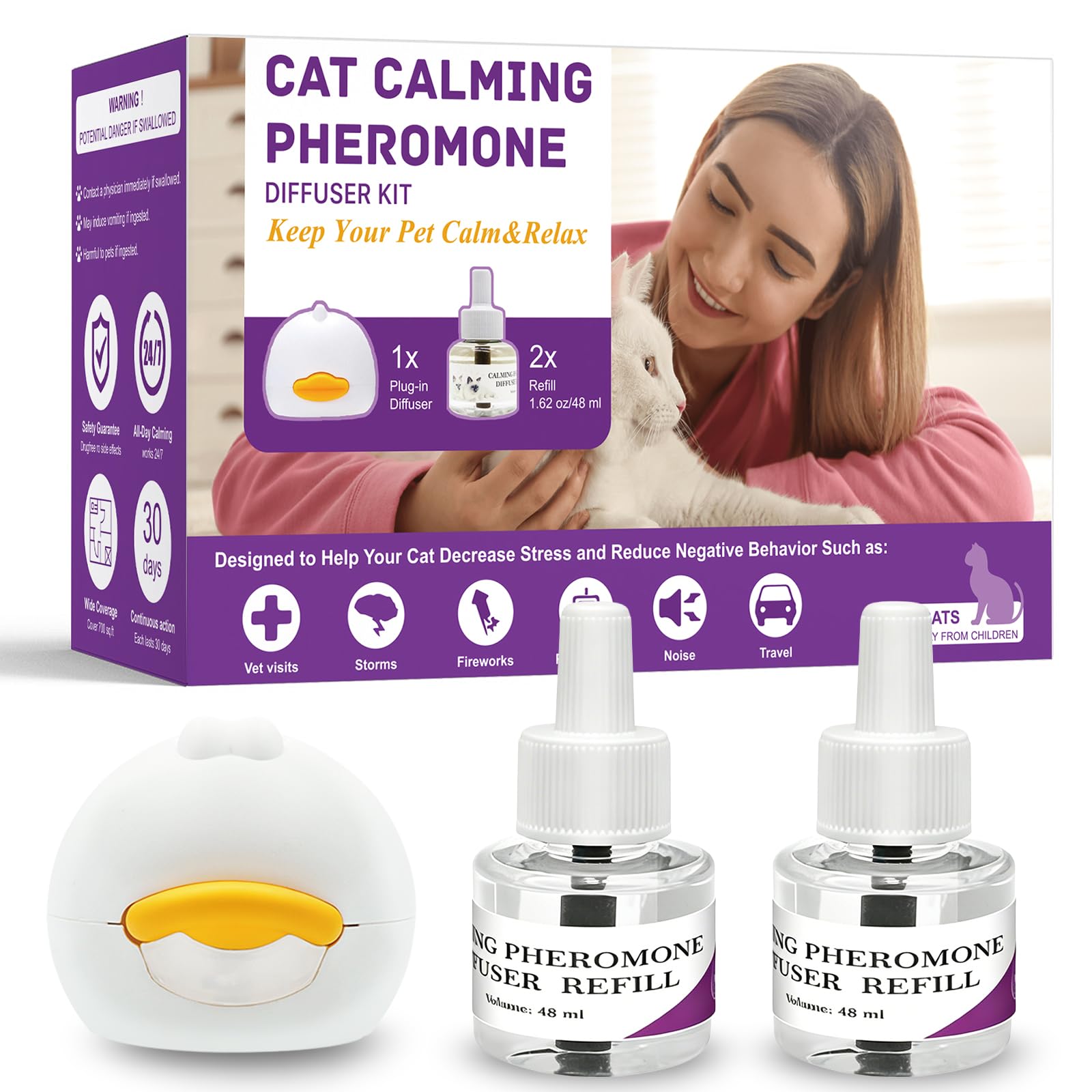 Difusor de Feromonas Calmantes para Gatos, 1 Difusor + 2 Recargas (48ml Cada una), 60 Días de Efecto Duradero, Sin Fármacos y Sin Olor, Alivia Ansiedad, Reduce Peleas, Detiene Orinar y Rascar (1)