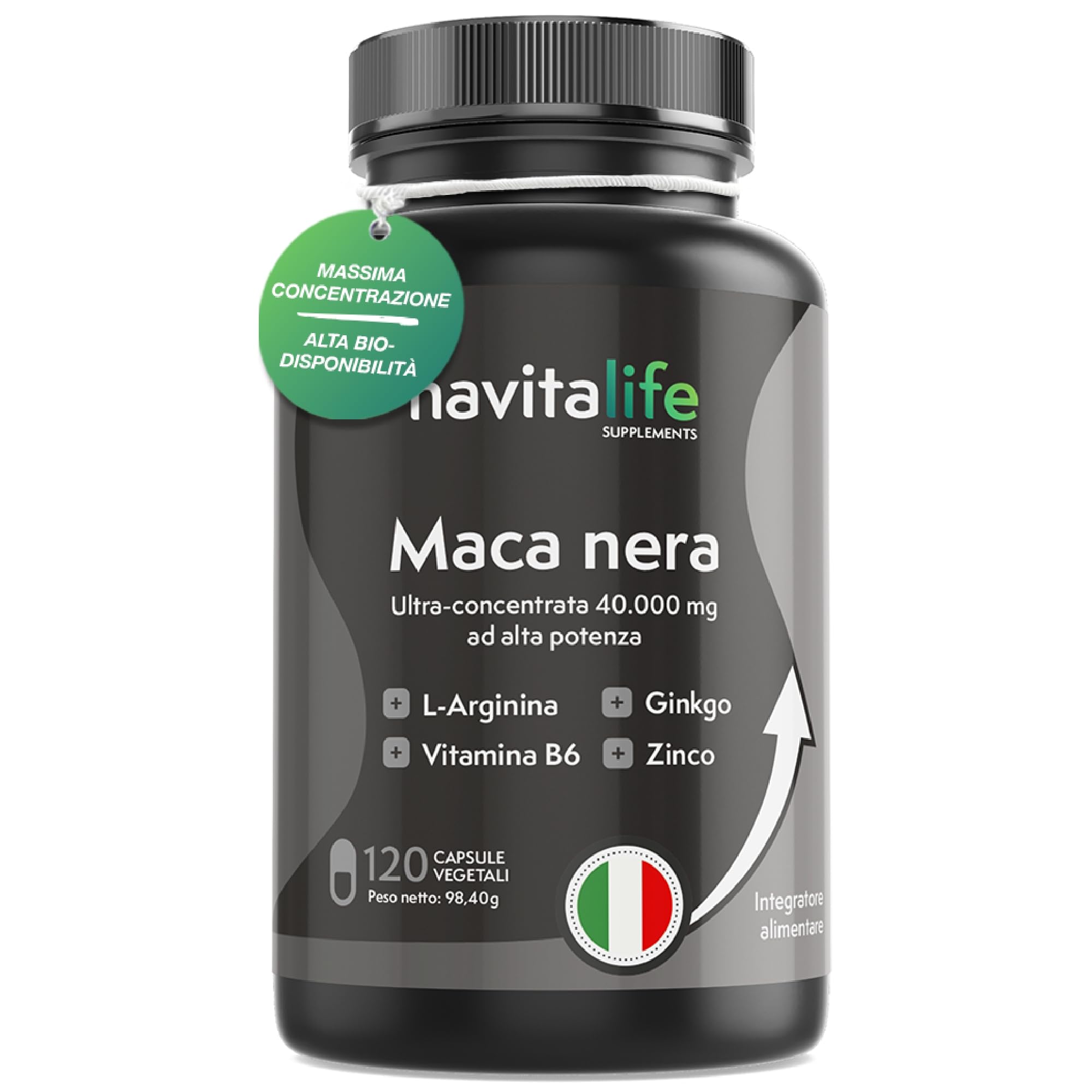 Maca Nera Peruviana Andina 40.000 mg (Estratto 25:1) | 120 Capsule per 4 Mesi | Alta Purezza | Con L-Arginina, Zinco, Ginkgo Biloba e Vitamina B6 | Energia, Vitalità e Performance | NavitaLife
