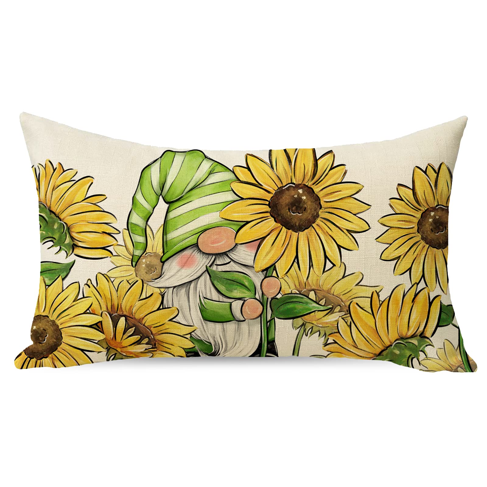 Fall Sunflower Gnome Lumbar Decorative Throw Pillow Cover 12 x 20, Autumn Floral Flowers Rectangle Cushion Case Decor, Seasonal Spring Summer Farmhouse Home Decoration for Sofa Couch