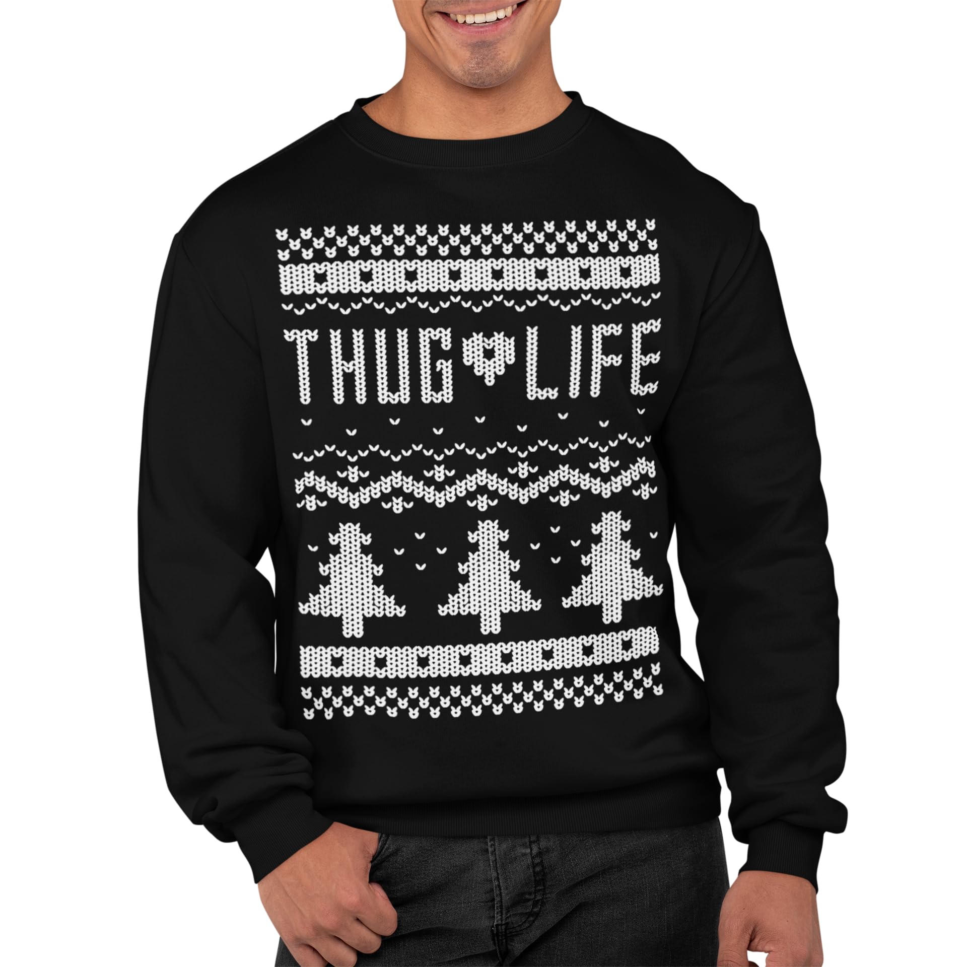 Graphic Impact Funny Thug Life Meme Christmas Smoke Trees Ugly Sweater Sweatshirt (Black, Large)