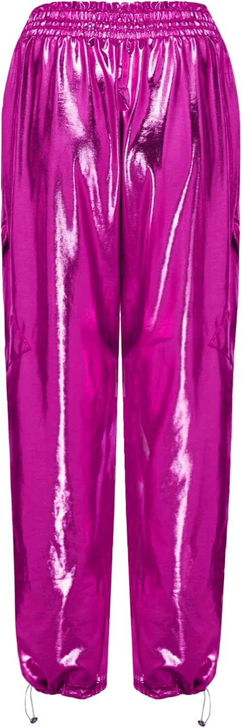 Yhong Women Shiny Metallic Cargo Pants Loose Wide Leg Trousers Hip Hop Dance Pants Rave Trousers