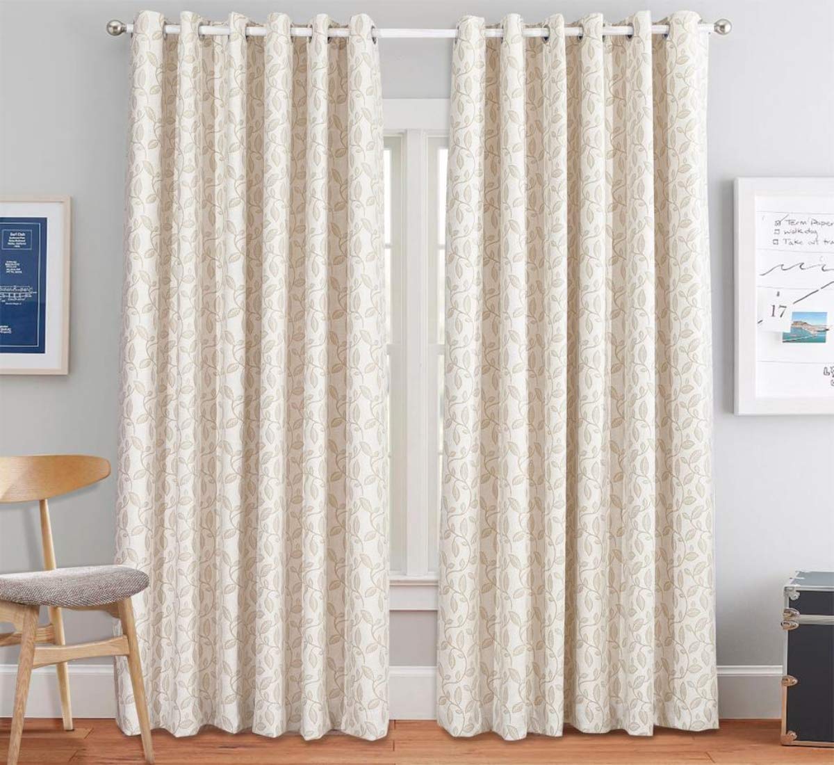 Prime Linens Luxury Curtains Pair Jacquard Chenille Fully Lined Ring Top & Matching Tieback Beige 66 x 72